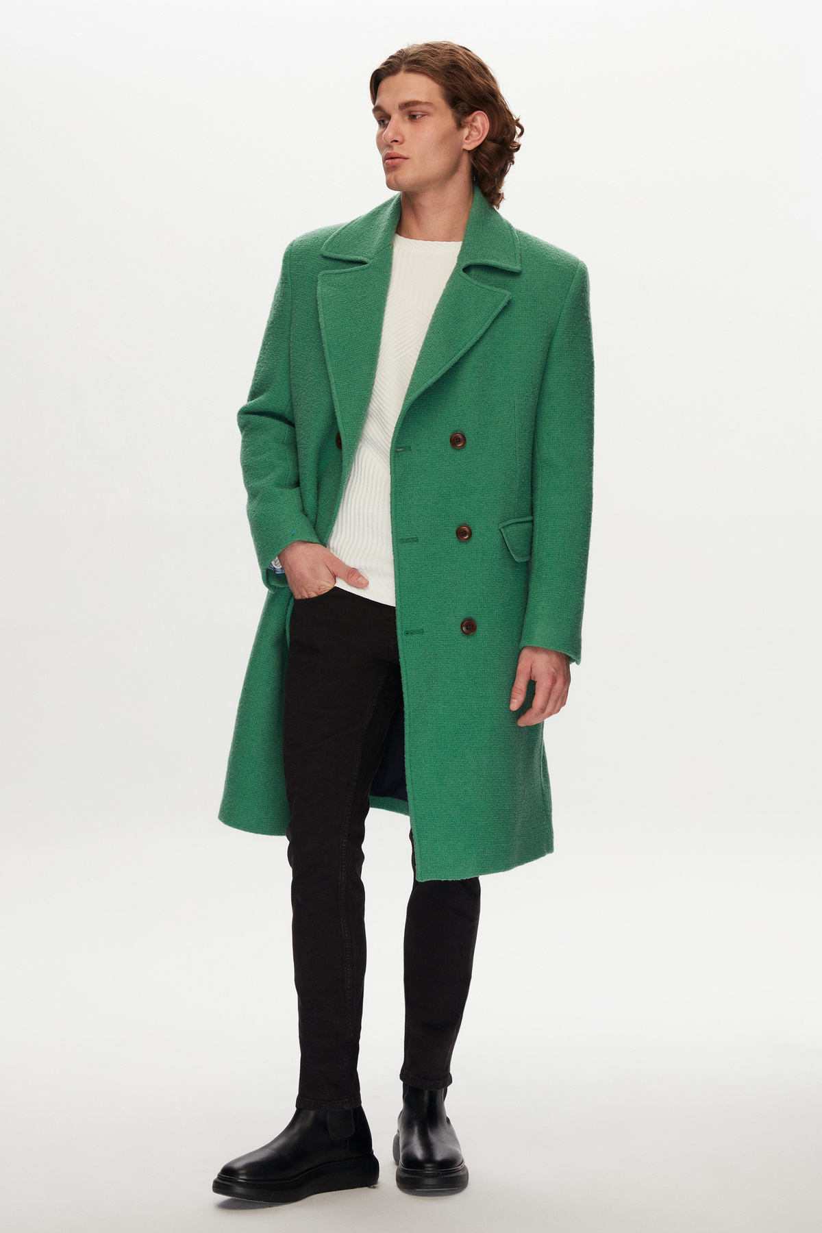 Tween Slim Fit Yeşil Yün-Poliamid Palto görsel 7