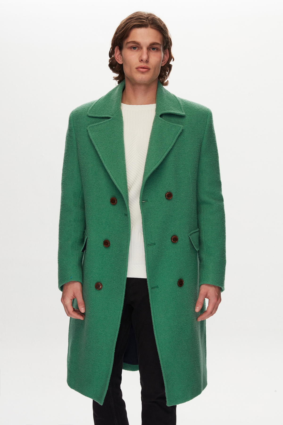 Tween Slim Fit Yeşil Yün-Poliamid Palto görsel 2