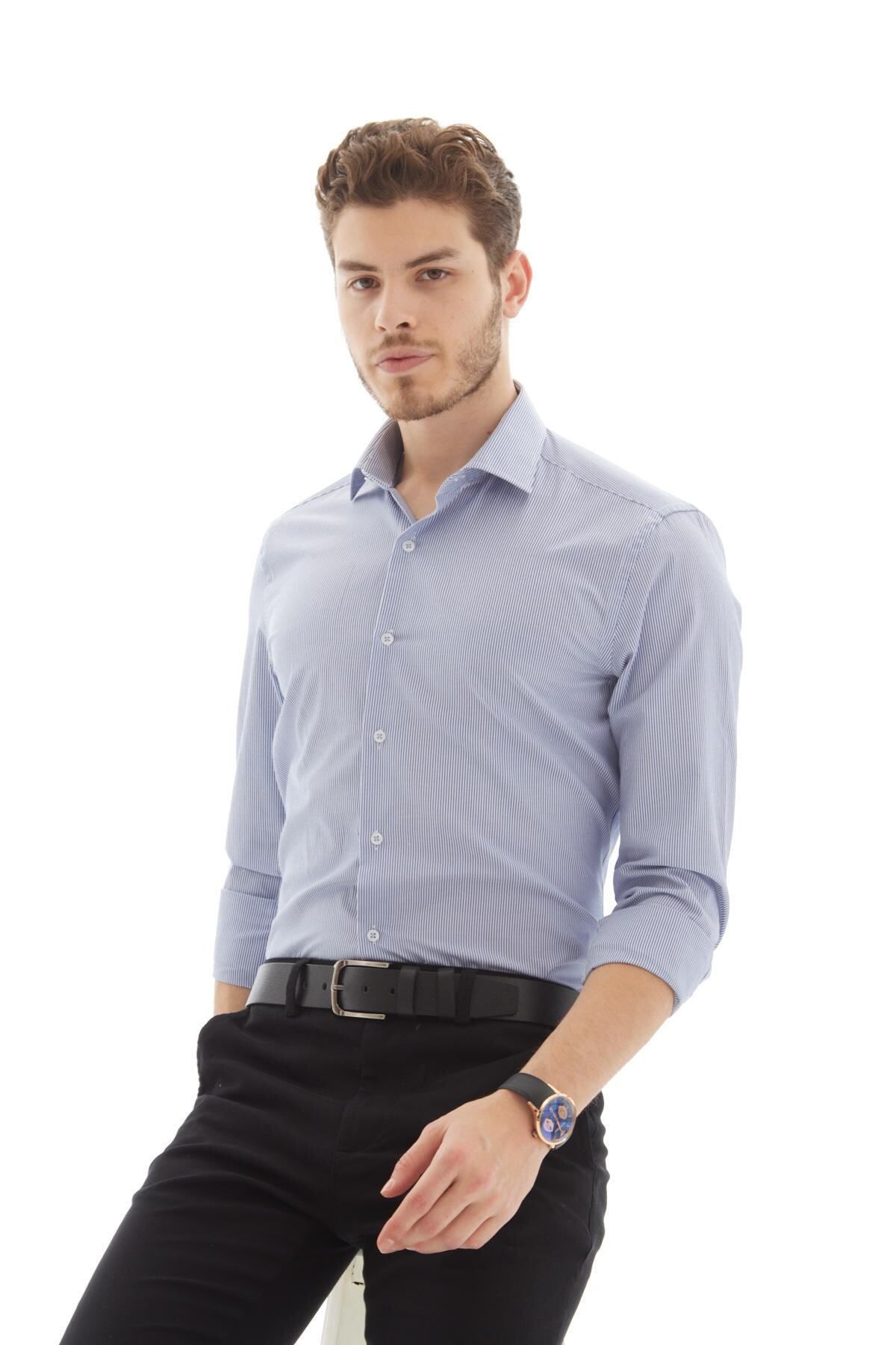 RAVANELLI-Σκούρο μπλε Slimfit Gift Boxed ριγέ μακρυμάνικο ανδρικό πουκάμισο 3