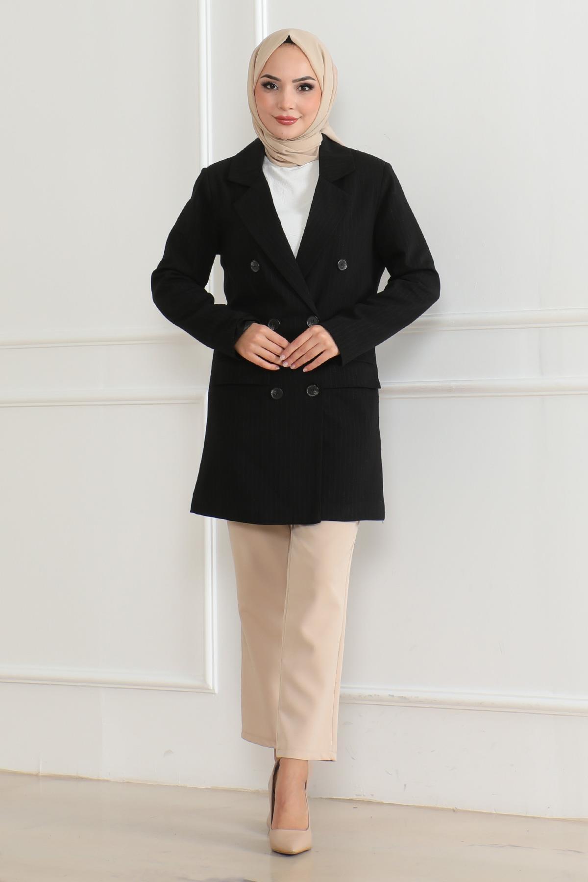 Modamihram-Black Striped Classic Blazer - 6110 4