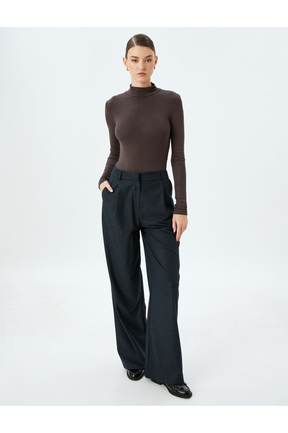 Koton-Slim Fit Bottom Snap Button Closure Stand Collar Viscose Long Sleeve Bodysuit 2