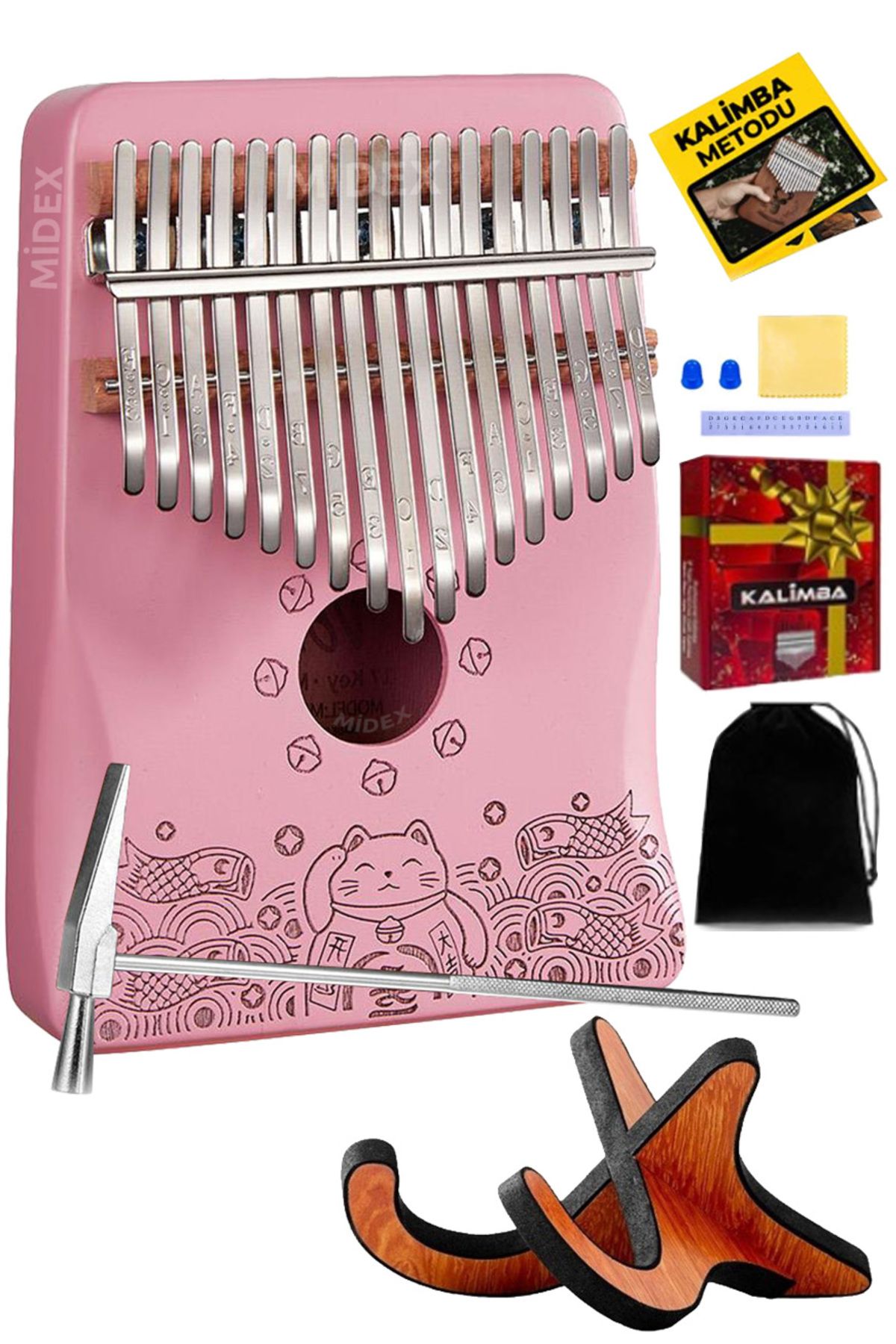 Midex KLX-350-PAK Hakiki Ağaç Pembe Kalimba 17 Tuşlu Full Set