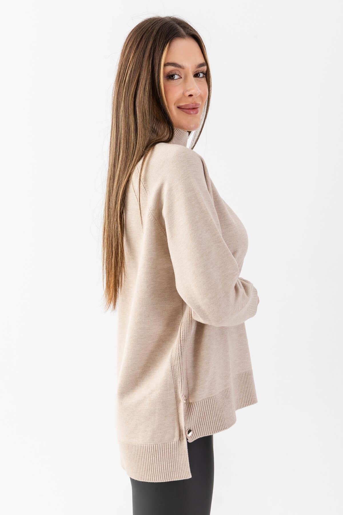 Irmak Kerekli  Kadın Bej Selanık Yırtmaçlı Old Money Triko Bluz 171014 - Görsel 7