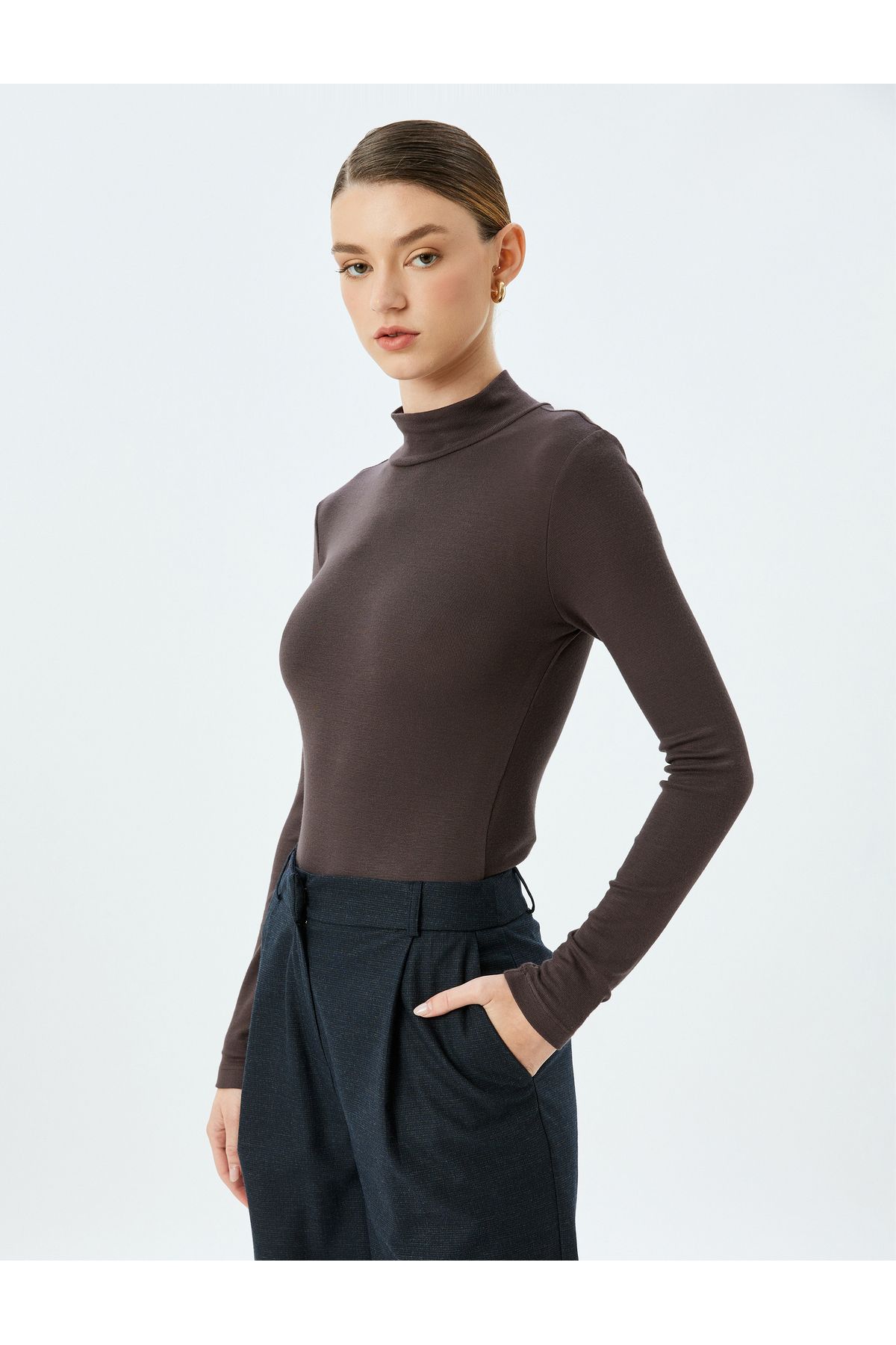 Koton-Slim Fit Bottom Snap Button Closure Stand Collar Viscose Long Sleeve Bodysuit 3