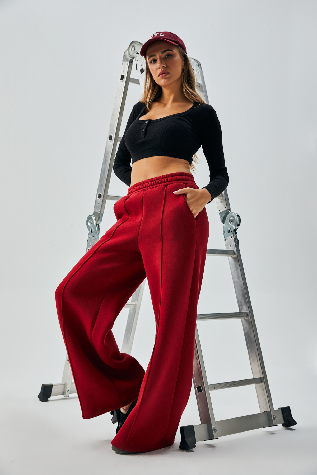 Burgundy Wide Cut Elastic Waist Raised Joggers 26237