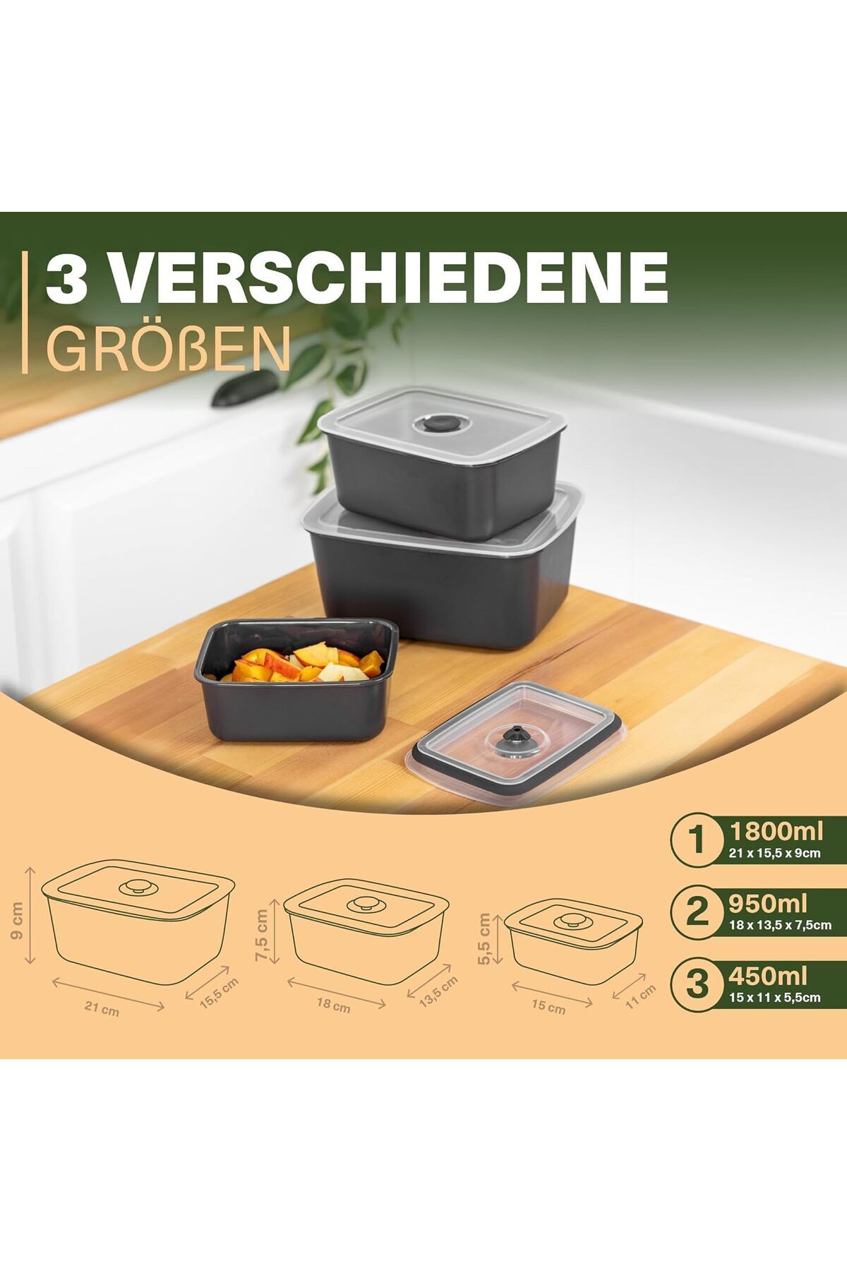 Viwares-Vakuumdosen 3er Set Anthrazit - Luftdicht, Frischhaltend & Stapelbar 2