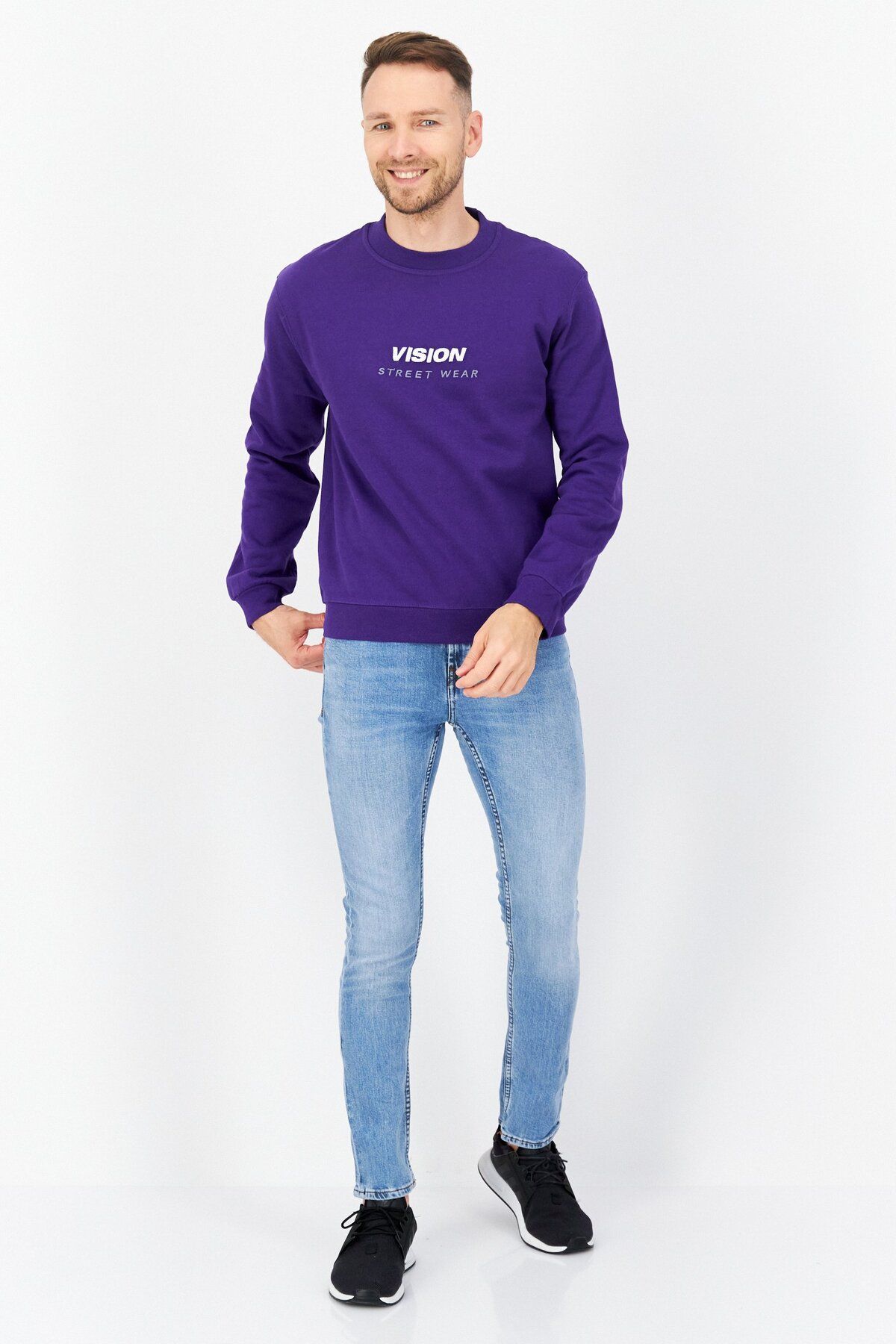Vision Street Wear-Men Crew Neck Long Sleeve Embroidered Logo Sweatshirt, Purple 3