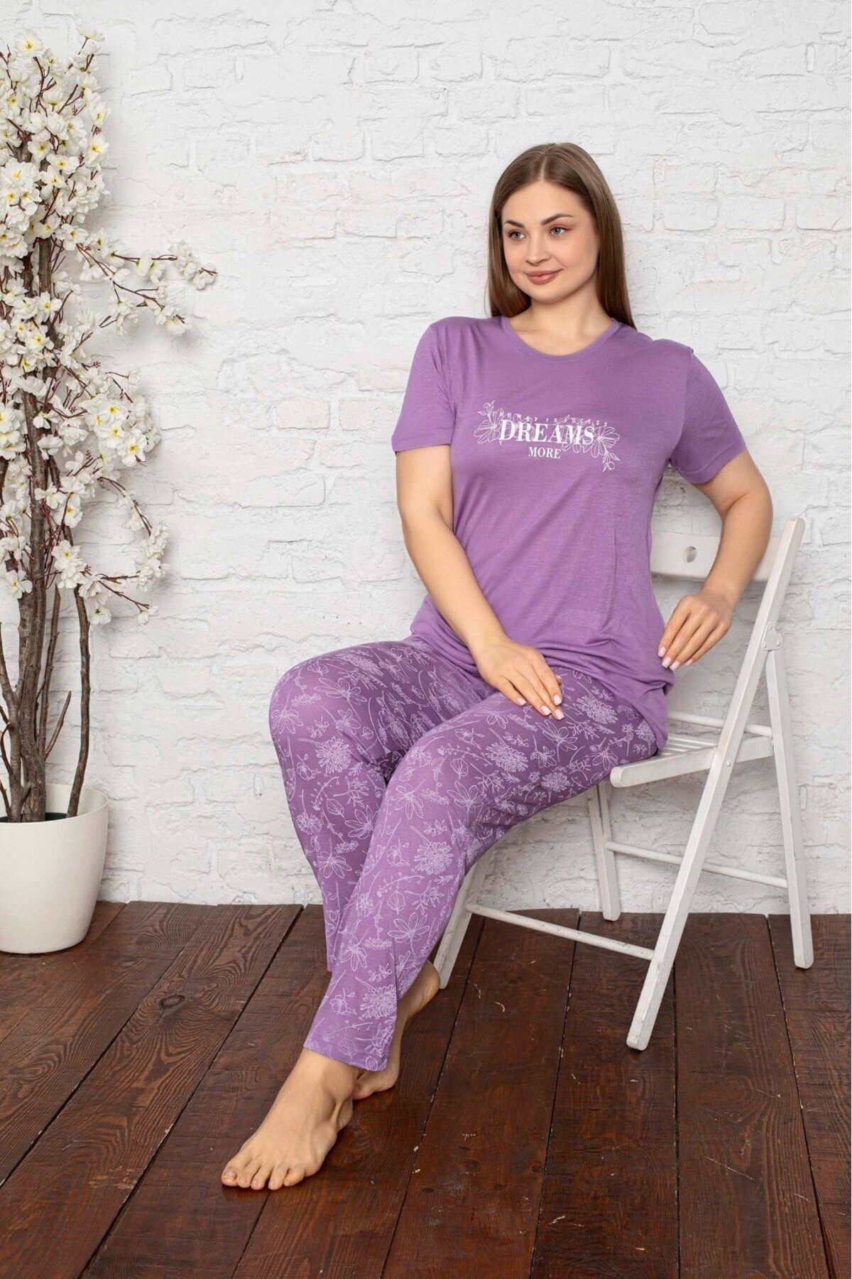 bie's-Lilac Floral Buttonless Round Neck Large Oversize Viscose Large Size Pajama Set with Pockets 2