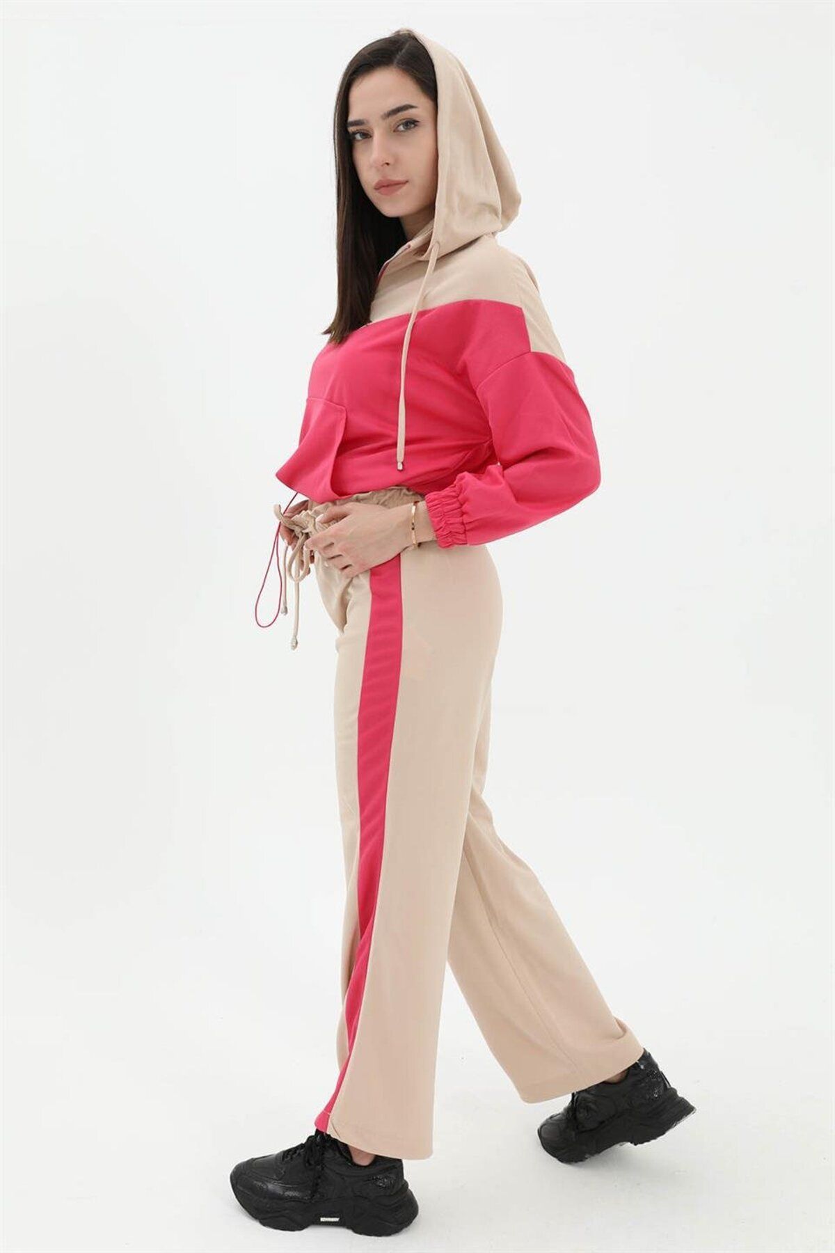 VAPUR TEKSTİL-Two Color Atlas Fabric Tracksuit Set - Fuchsia 4