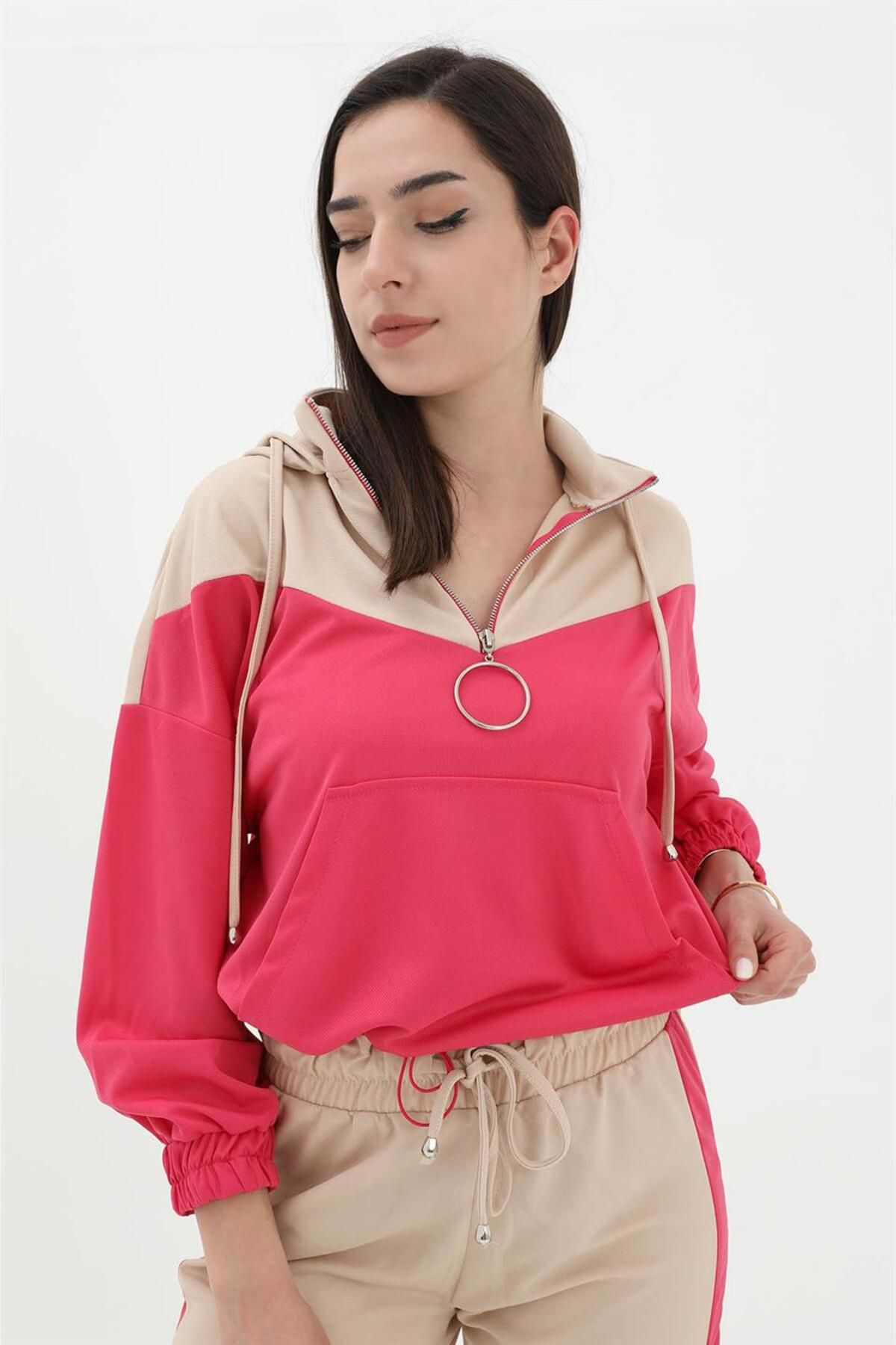 VAPUR TEKSTİL-Two Color Atlas Fabric Tracksuit Set - Fuchsia 3