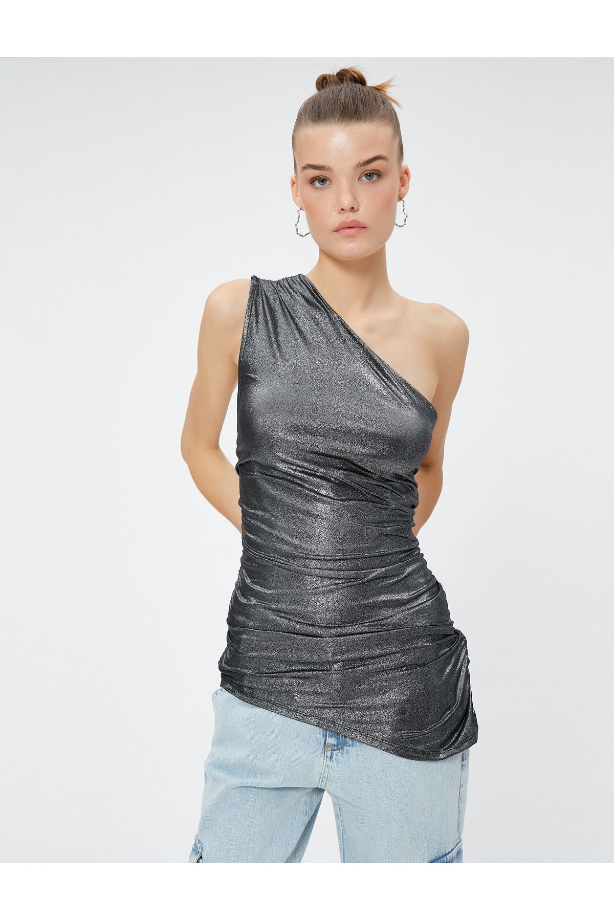 Koton-One Shoulder Tank Top with Glitter Detail, Sleeveless 3