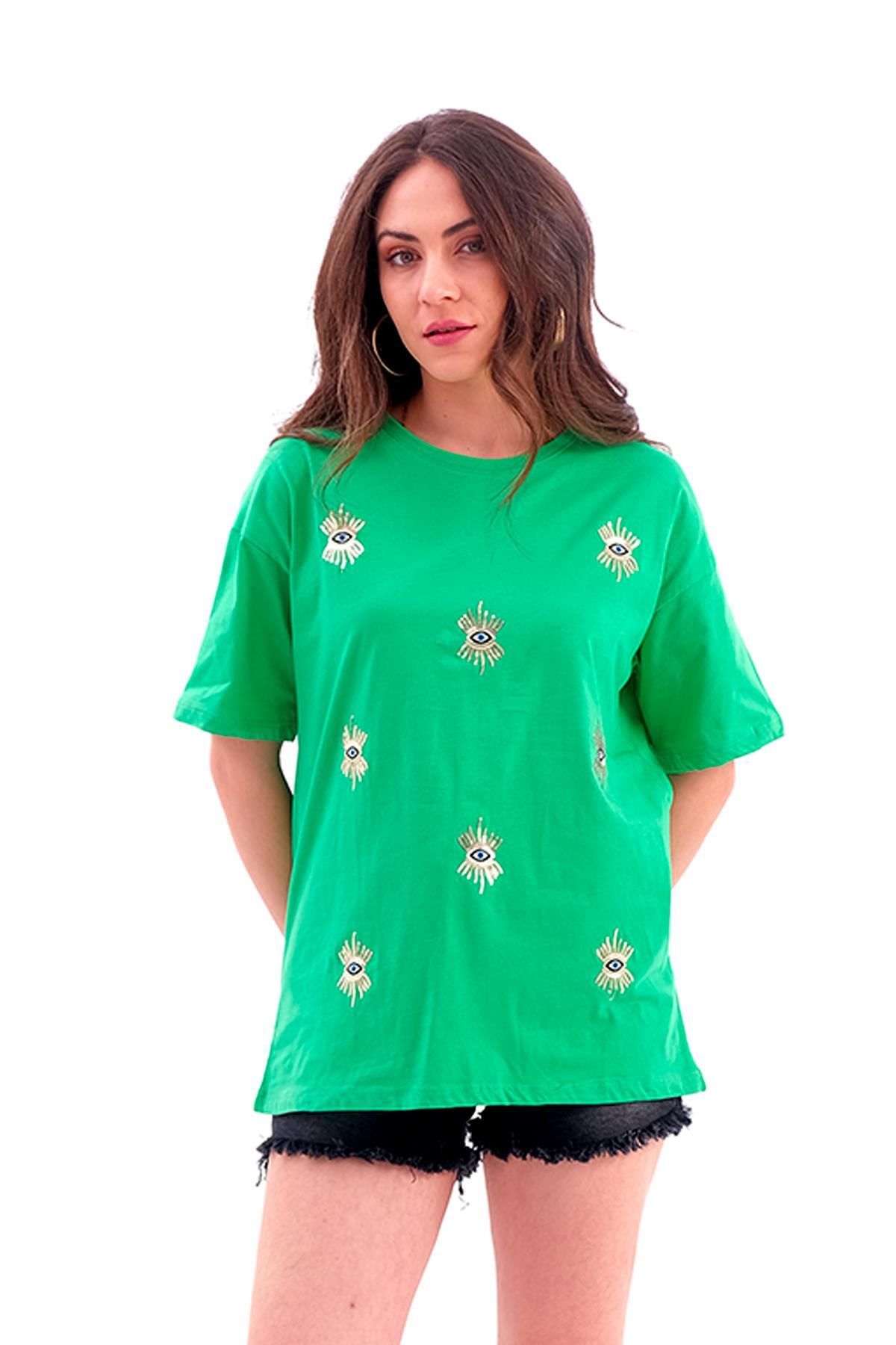 VAPUR TEKSTİL-Tricou verde din jerseu - brodat cu ochi 1