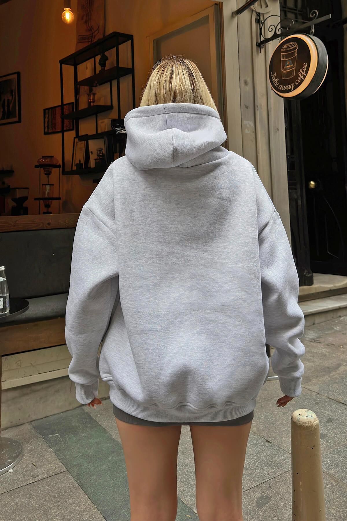 Swist-Gray Stay Hooded Kangaroo Pocket Oversize Women's Sweatshirt with Fleece Inside 5