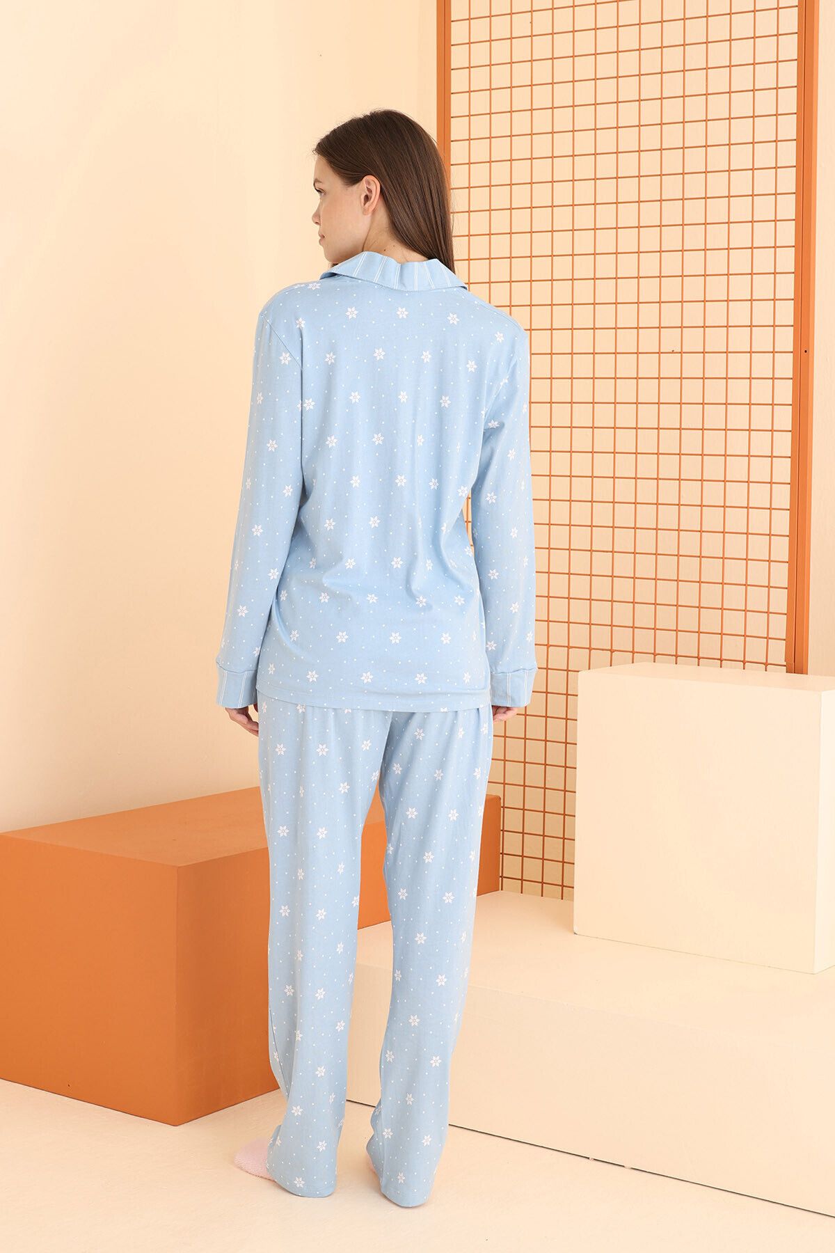 NBB-Blue Floral Patterned Cotton Women's Pajamas Set - Long Sleeve, Shirt Collar 3