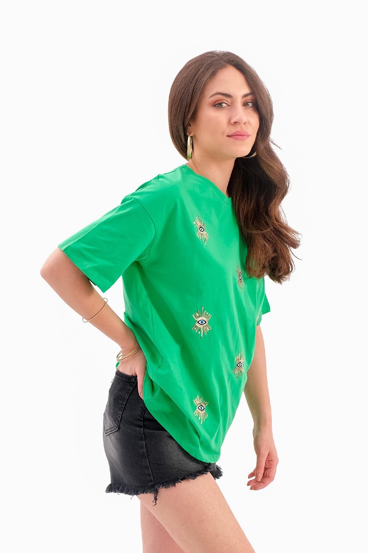 VAPUR TEKSTİL-Tricou verde din jerseu - brodat cu ochi 3