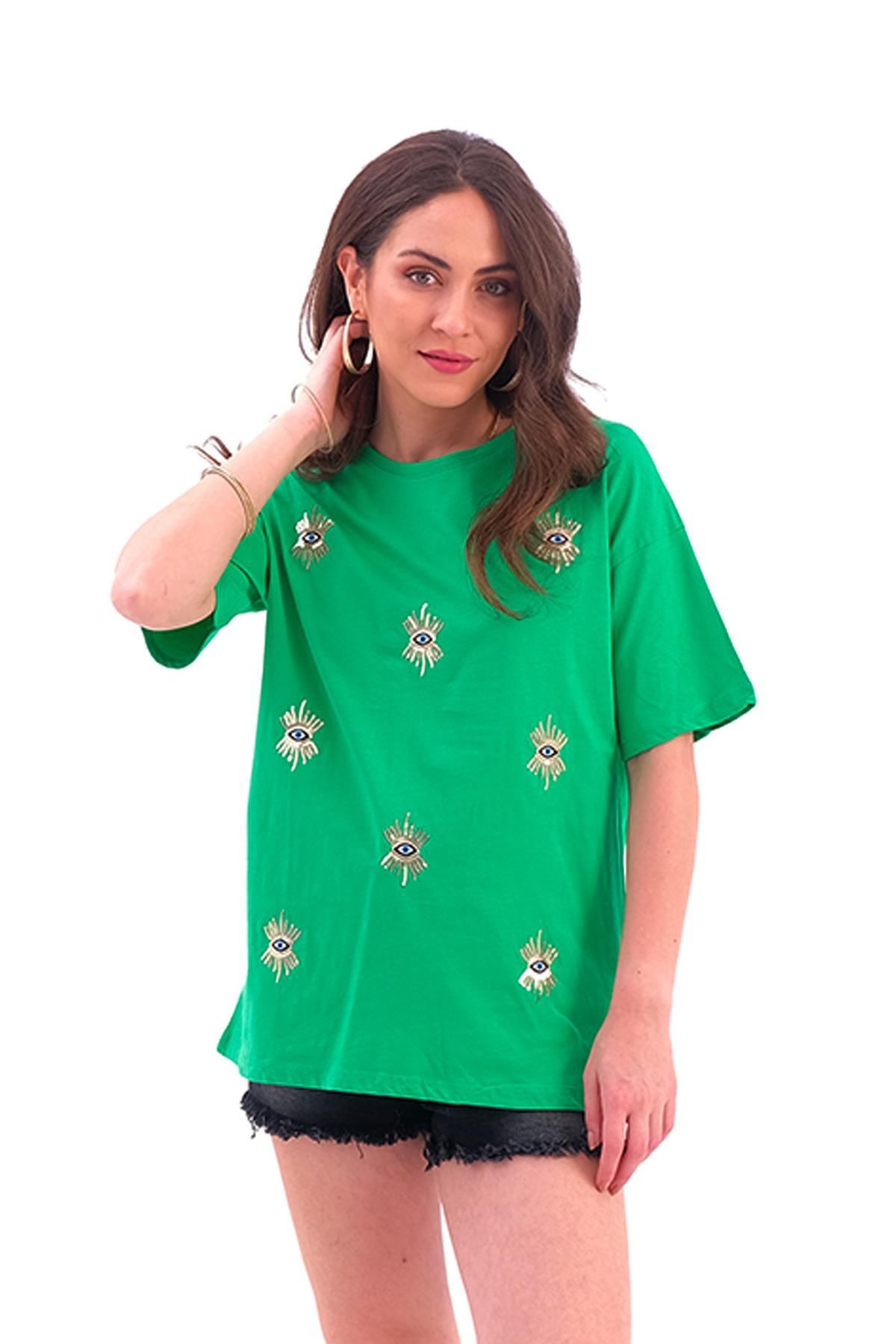 VAPUR TEKSTİL-Tricou verde din jerseu - brodat cu ochi 4