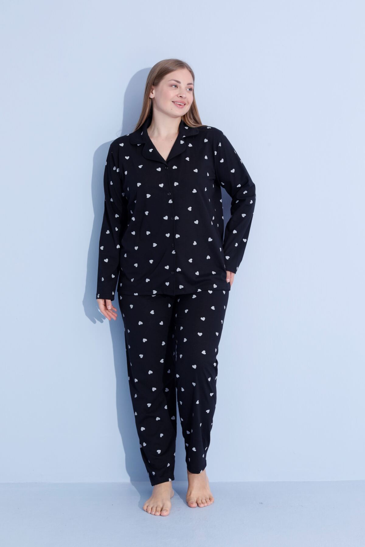 pijamacity Büyük Beden Kadın Uzun Kollu Pamuklu Önden Düğmeli Pijama Takımı görsel 2
