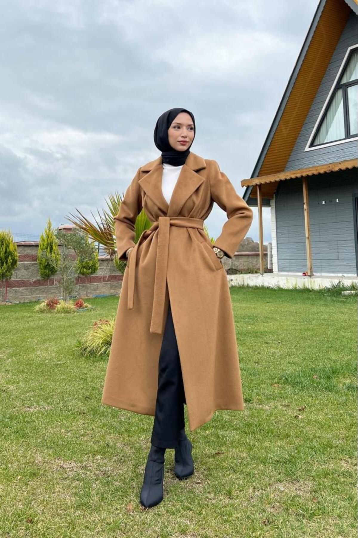 Lamia Giyim-Thick Hijab Stamp Coat - Jacket Collar and Belted, Camel 2