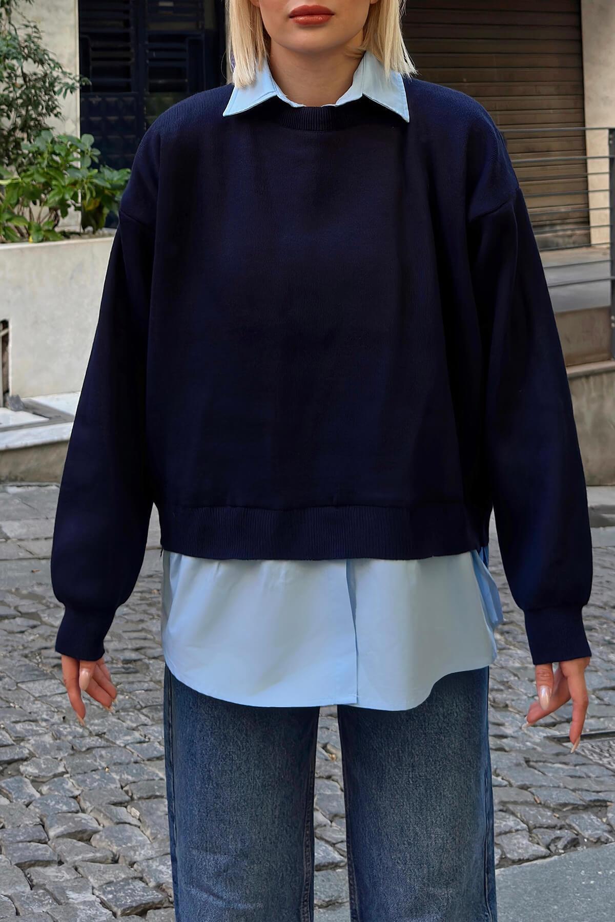 Swist  Lacivert Gömlek Garnili Basic Örgü Kadın Triko Kazak - Görsel 4