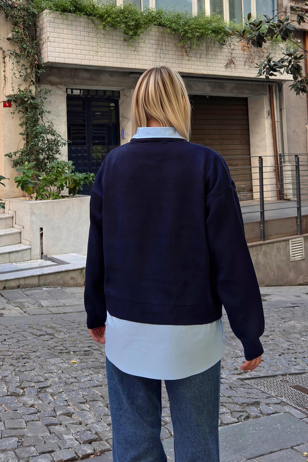 Swist  Lacivert Gömlek Garnili Basic Örgü Kadın Triko Kazak - Görsel 5