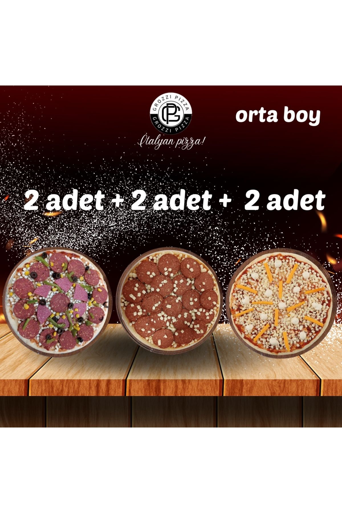 GROZZI KARIŞIK PİZZA 2 ADET 770 GRAM, SUCUKLU PİZZA 2 ADET 800 GRAM, ÜÇ PEYNİRLİ PİZZA 2 ADET 690 GRAM