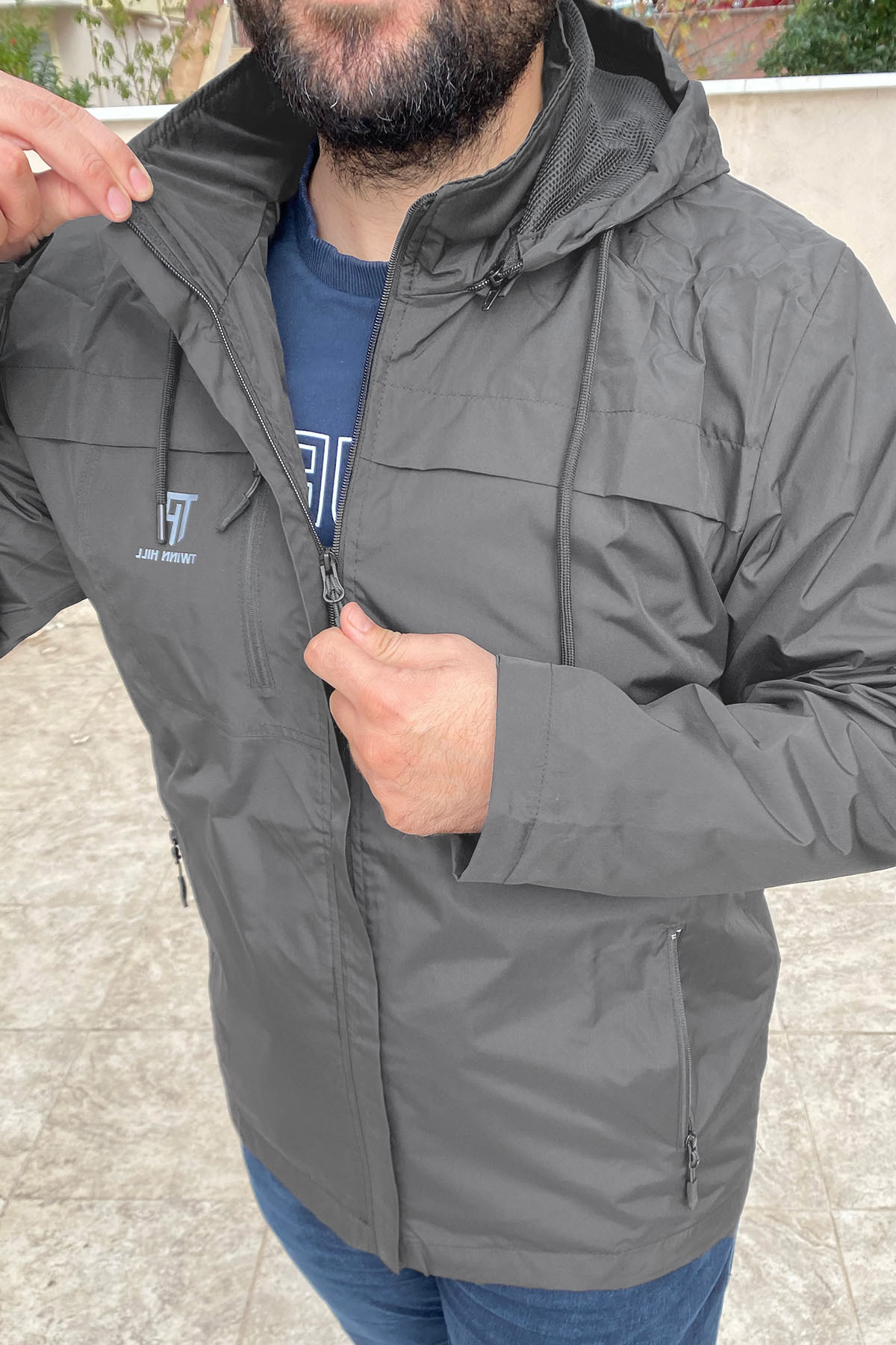 Remsa Spor Büyük Beden Erkek Kapüşonlu Rüzgar Geçirmez Cep Detaylı İçi Fileli Füme Remsa Spor TH901 görsel 3
