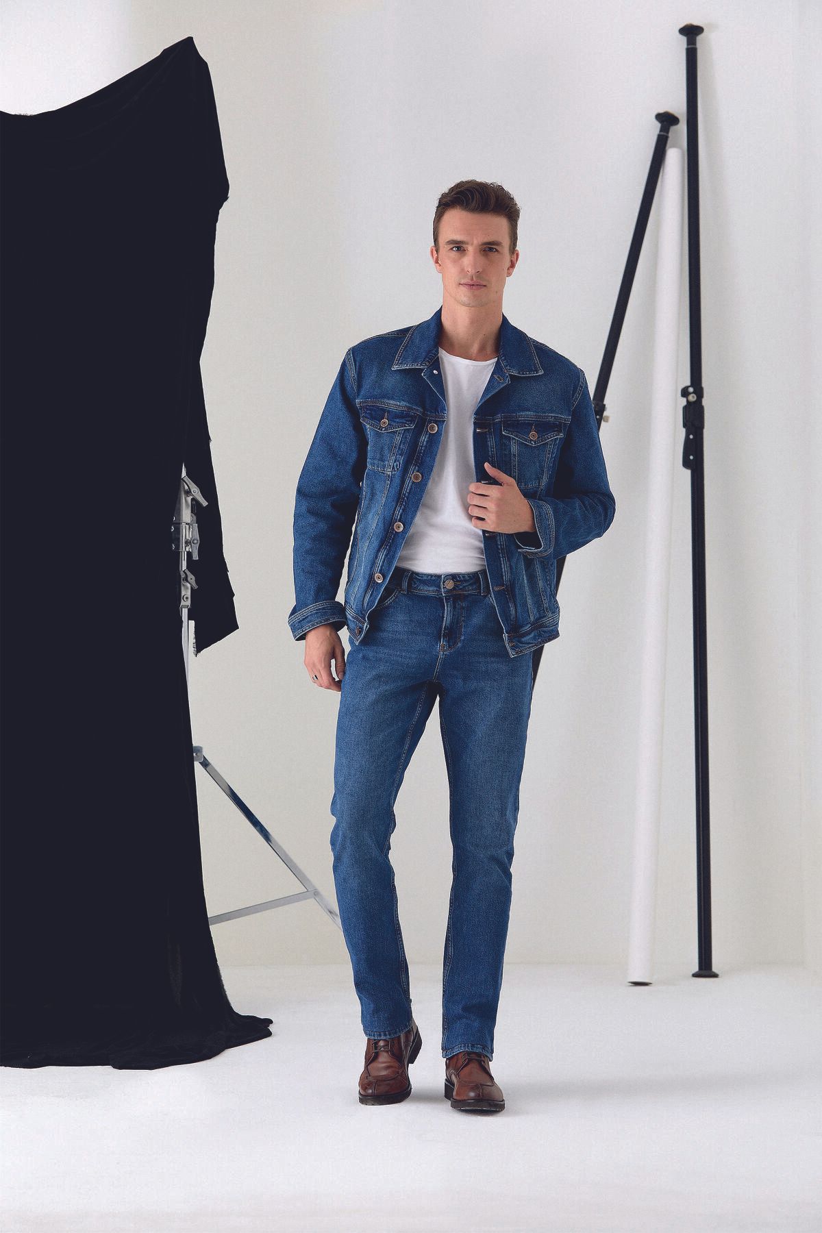 Pantamo Jeans Palton Clasic Albastru Învechit Cu Ton Mediu - Jachetă De Blugi Pentru Bărbați Masculin - XL