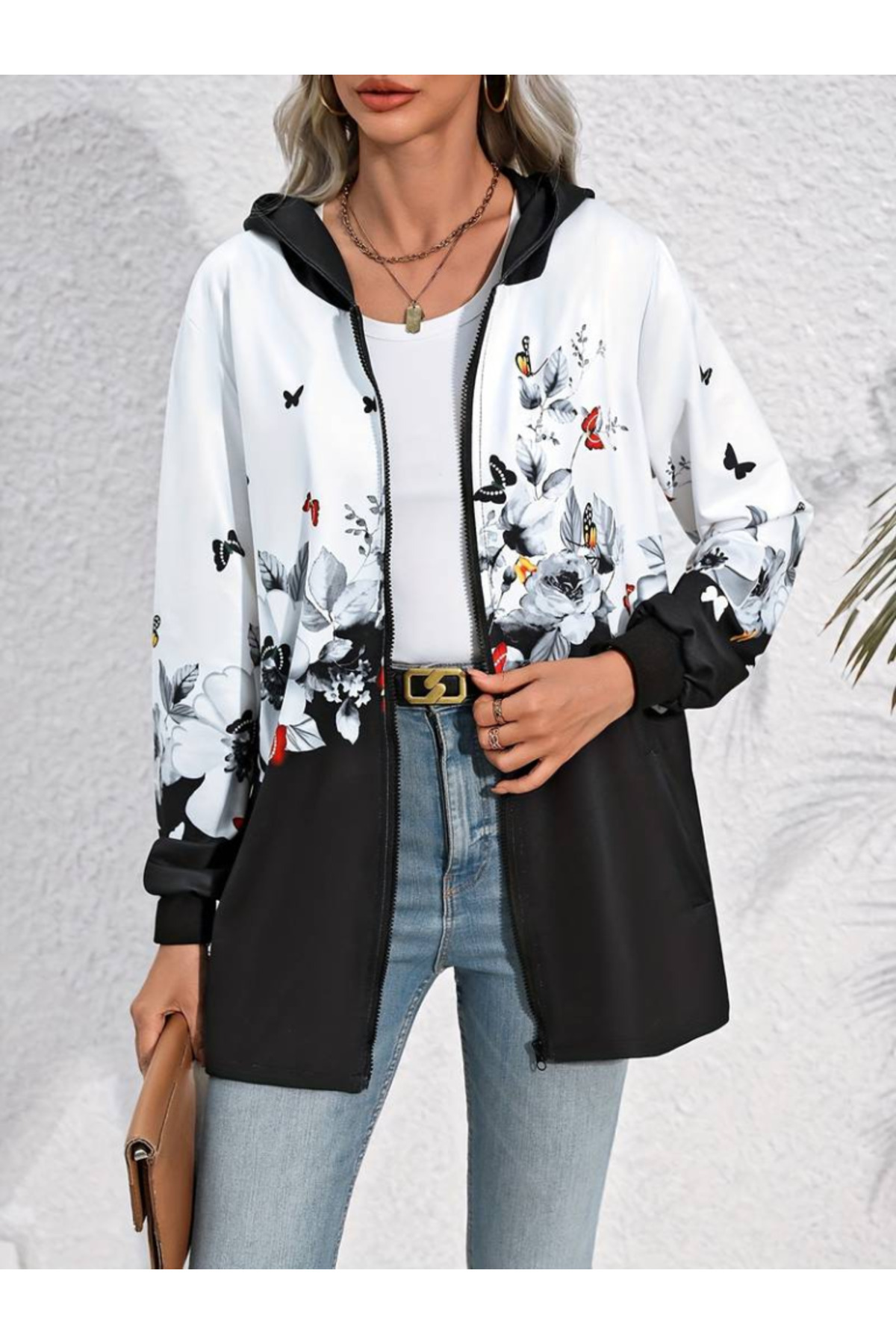 neoduno-Women's Long Sleeve Hooded Zippered Flower-Butterfly Patterned Raised Diver Jacket 3