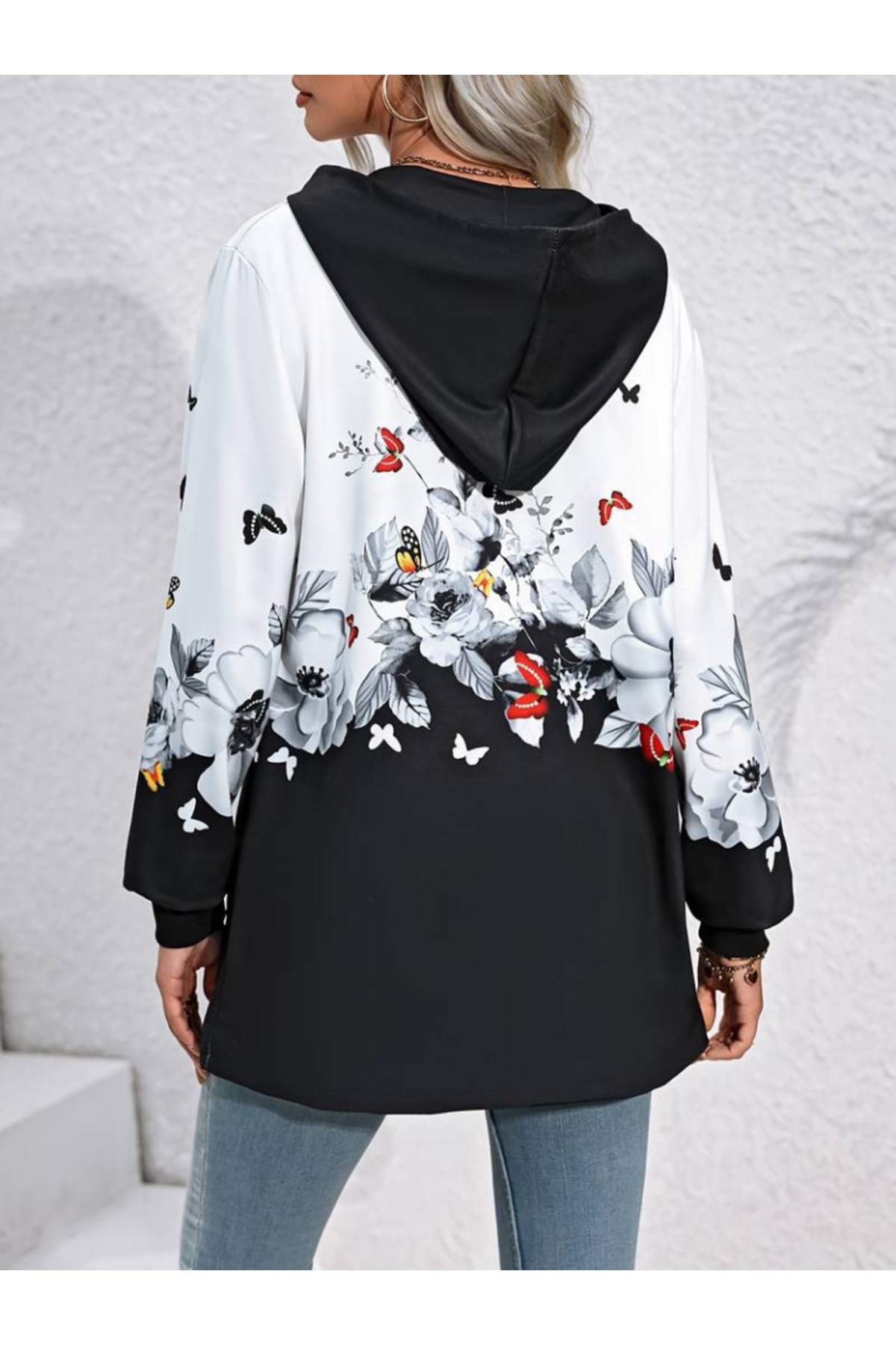 neoduno-Women's Long Sleeve Hooded Zippered Flower-Butterfly Patterned Raised Diver Jacket 4