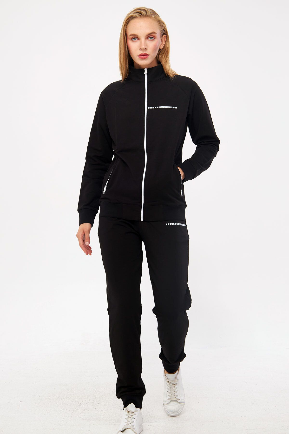 TRENDHİLL-Black Women's Half Turtleneck Ribbed Leg Neck Zippered Two Thread Tracksuit Set Edy5532S 4