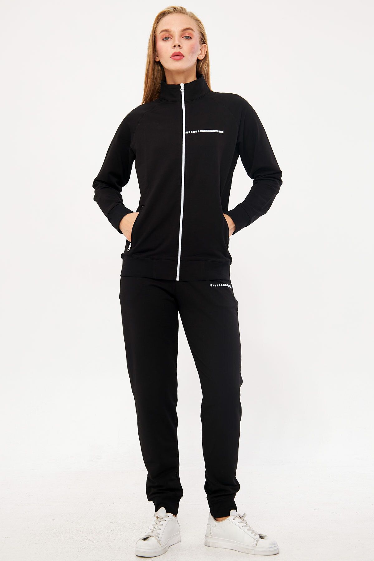 TRENDHİLL-Black Women's Half Turtleneck Ribbed Leg Neck Zippered Two Thread Tracksuit Set Edy5532S 7