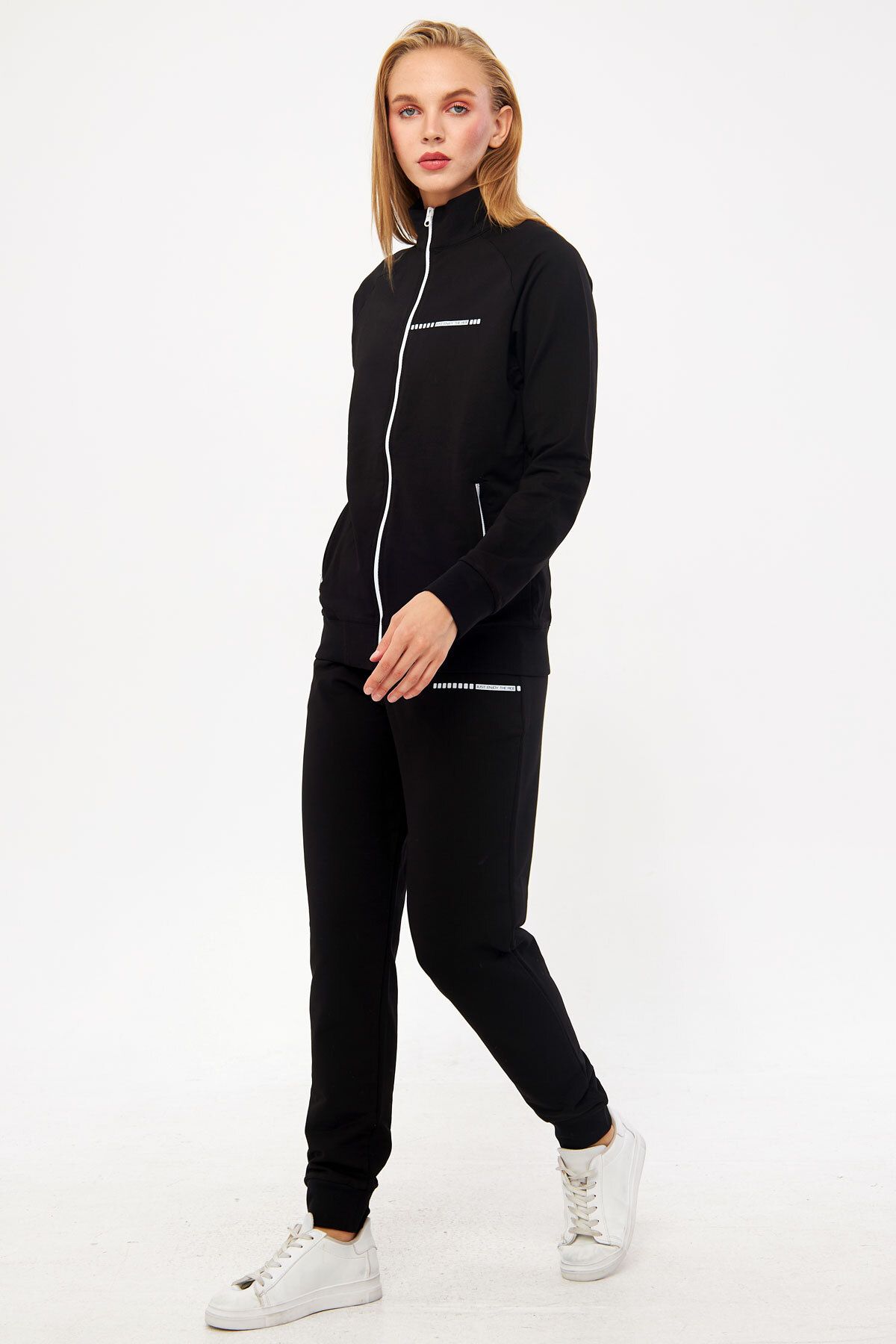 TRENDHİLL-Black Women's Half Turtleneck Ribbed Leg Neck Zippered Two Thread Tracksuit Set Edy5532S 2