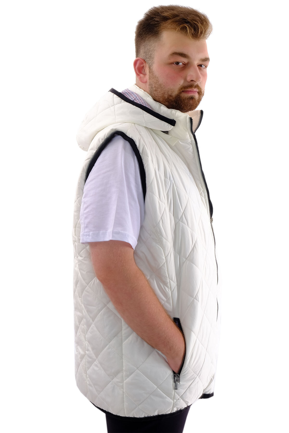 ModeXL Mode XL Büyük Beden Erkek Çıkan Kapüşonlu Kapitone Yelek U24704 Ekru görsel 3