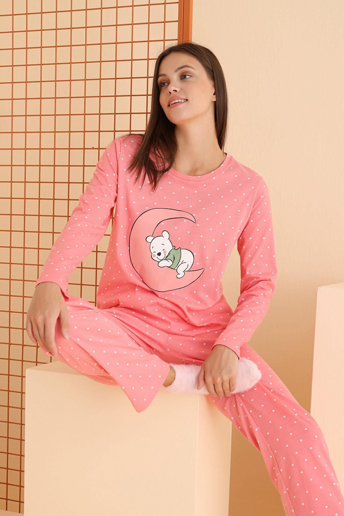 NBB Kadın %100 Pamuklu Penye Pijama Takım, Winnie Pooh ve Ay Resimli