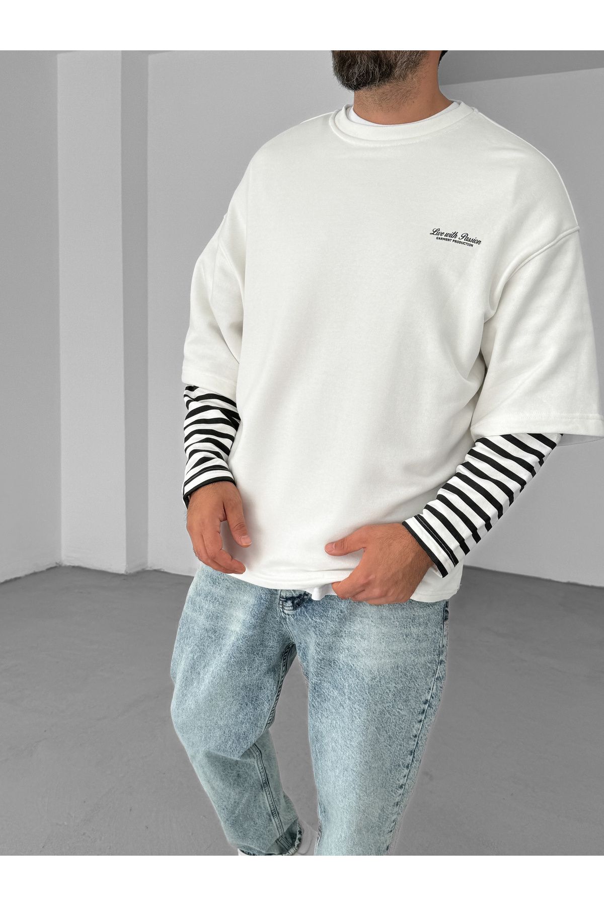 BYBASICMAN-White Sleeve Striped Piece Sweatshirt V-10-16 7