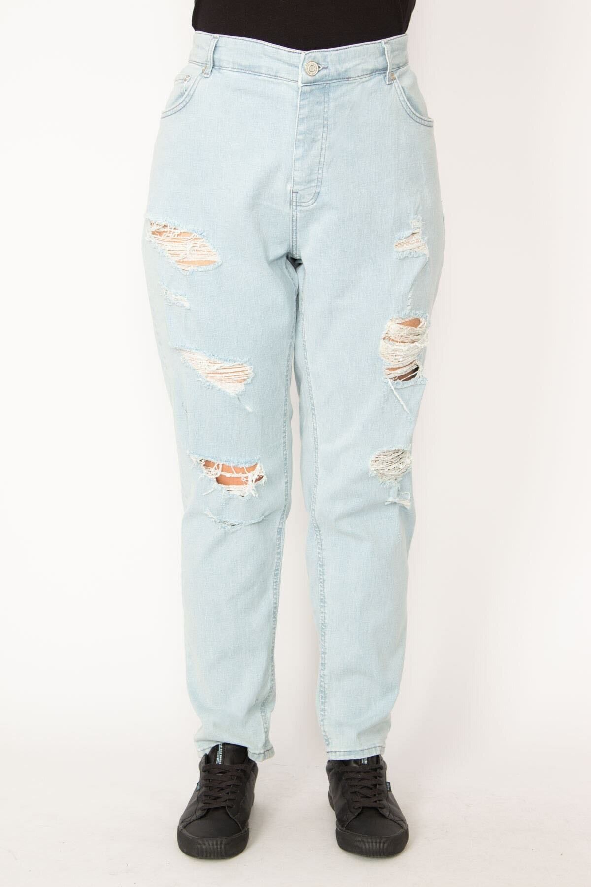 Şans-Γυναικείο μεγάλου μεγέθους Μπλε Washed Effect Ripped Detailed Jeans 65n33945 4