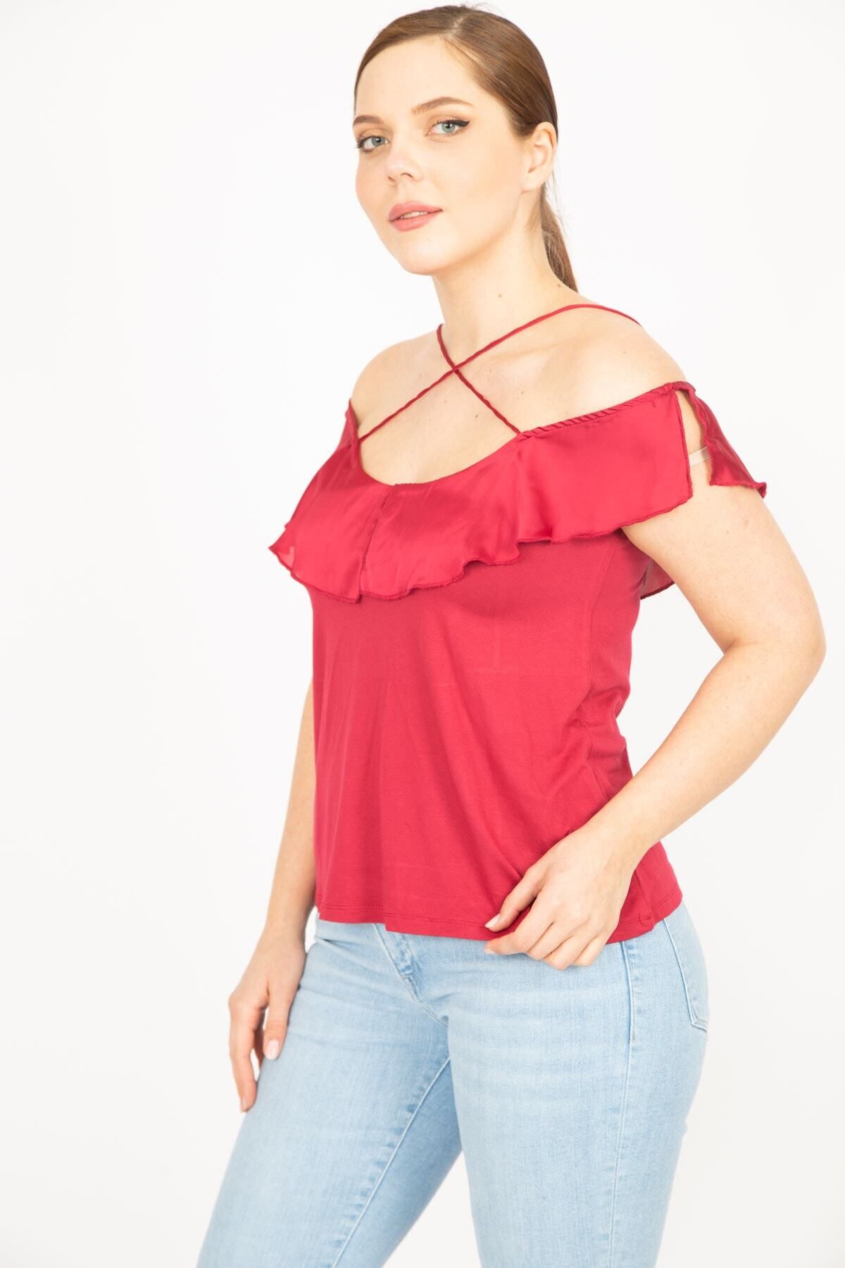 Şans-Women's Claret Red Plus Size Cross Strap Collar Flounce Blouse 65n35919 5