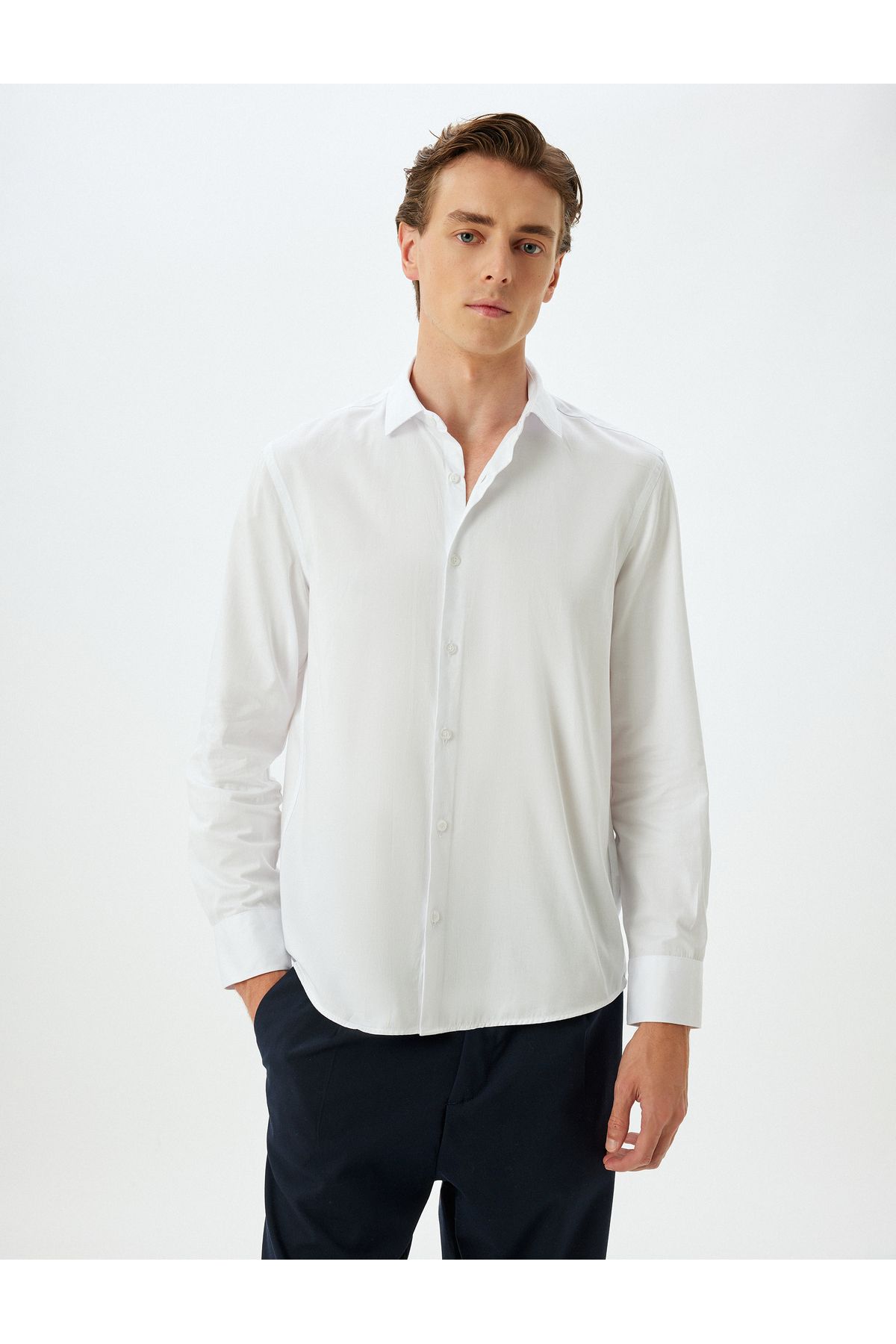 Koton-Long Sleeve Slim Fit Cotton Shirt - Half Italian Collar 3