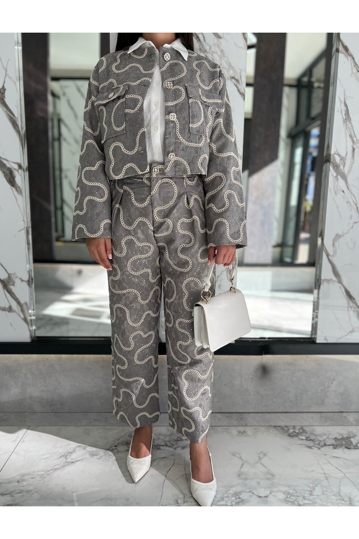 TOPSHOW-Gray Embroidered Jacket Pants Set 2