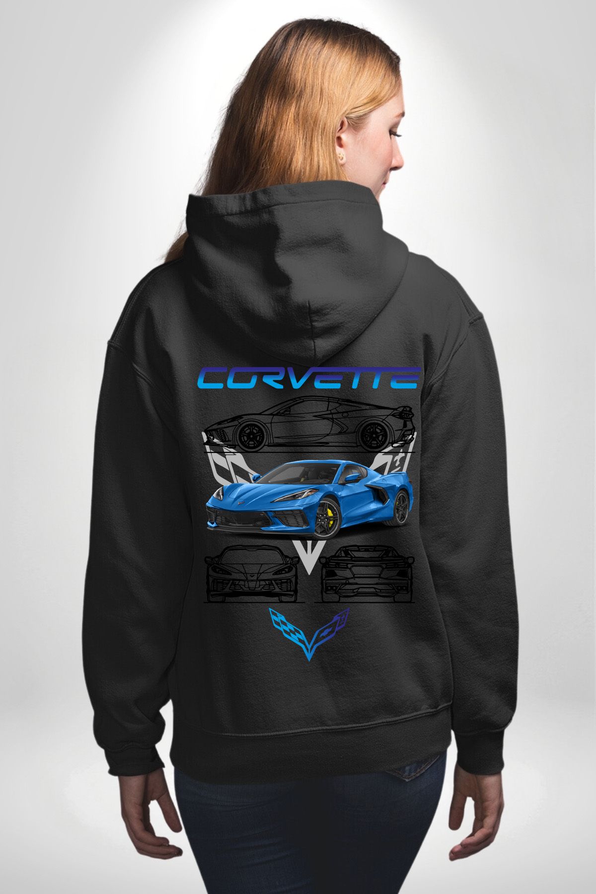 Angemiel-سويت شيرت أسود بغطاء للرأس للرجال والنساء من Chevrolet Corvette Stingray - مطبوع بجيب خلفي 4