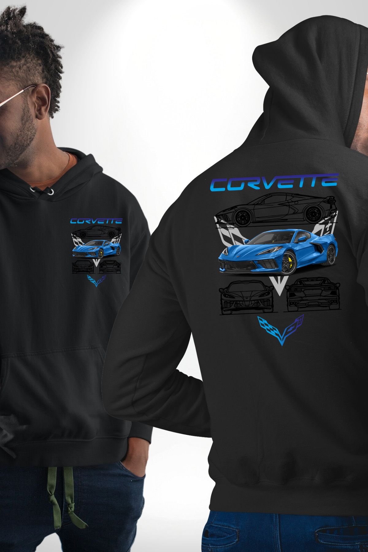 Angemiel-سويت شيرت أسود بغطاء للرأس للرجال والنساء من Chevrolet Corvette Stingray - مطبوع بجيب خلفي 2