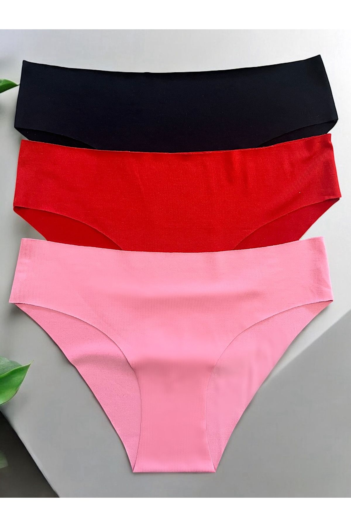 my cherie-Laser Cut Seamless 3-Piece Set - Lycra Pink Red Black Slip Bikini Panties 4