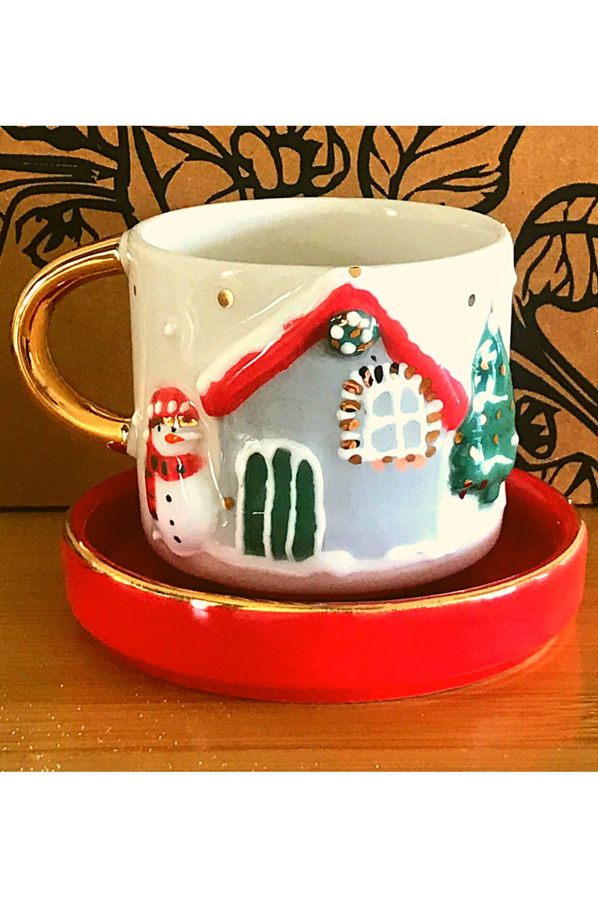 SeraSelin-24 Carat Gold Embroidered Christmas New Year House Embossed, Handmade 160 Ml Mug Ene160 3