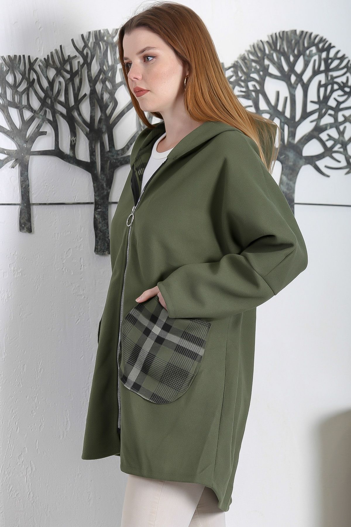 Chiccy-Khaki Green Hooded Zippered Long Sleeve Double Pocket Garnished Cashmere Coat 4