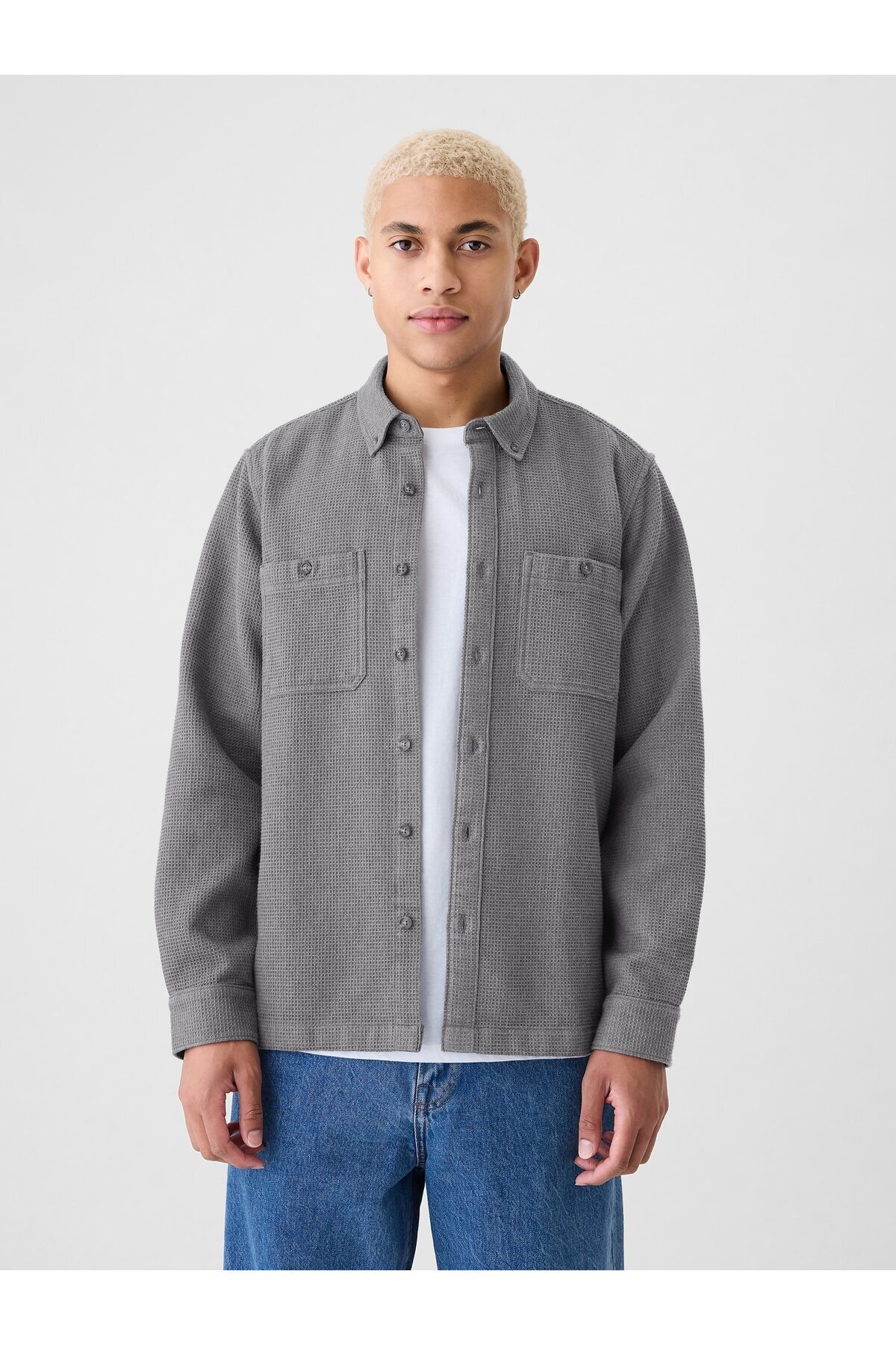 گپ پیراهن فلانل بافتنی مردانه طرح وافل خاکستری