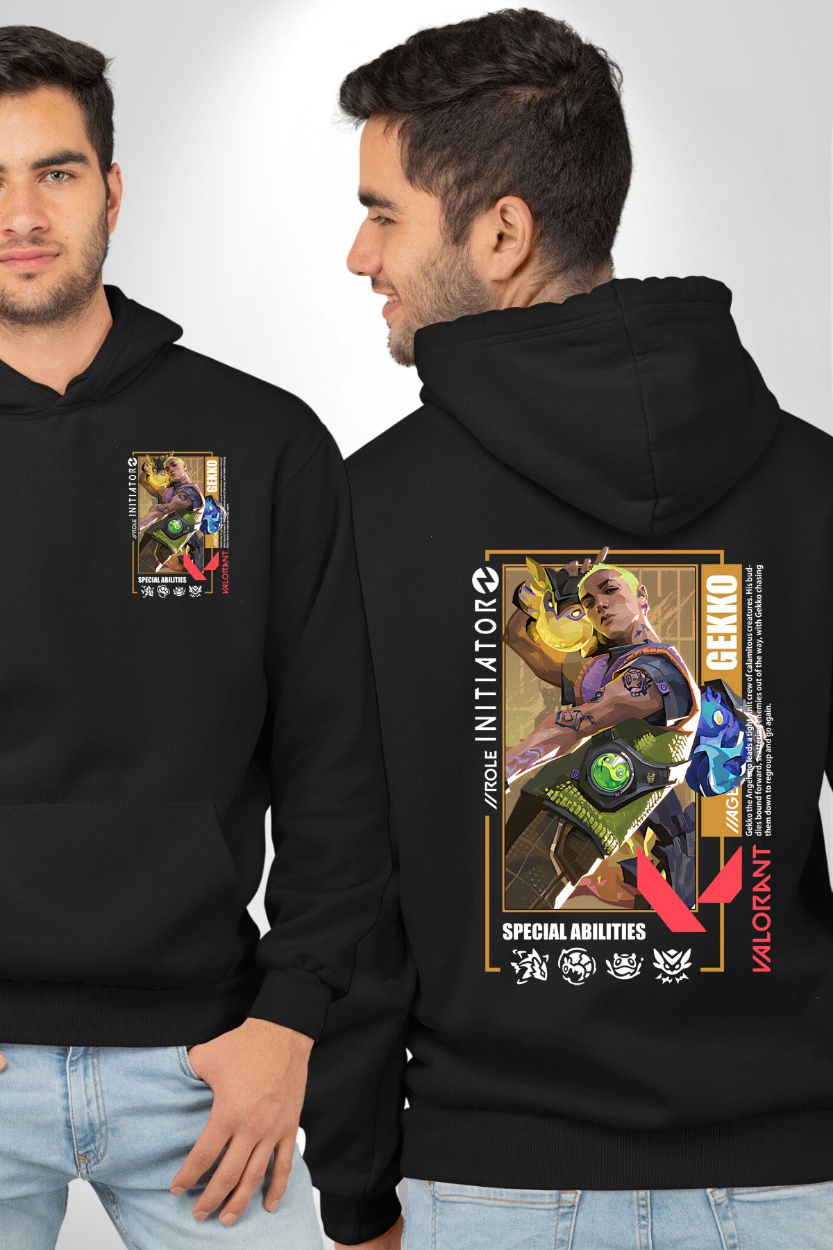 Angemiel-Valorant Gekko Agent Game Character Features Black Hooded Pocket Back Printed Sweatshirt Unisex 2