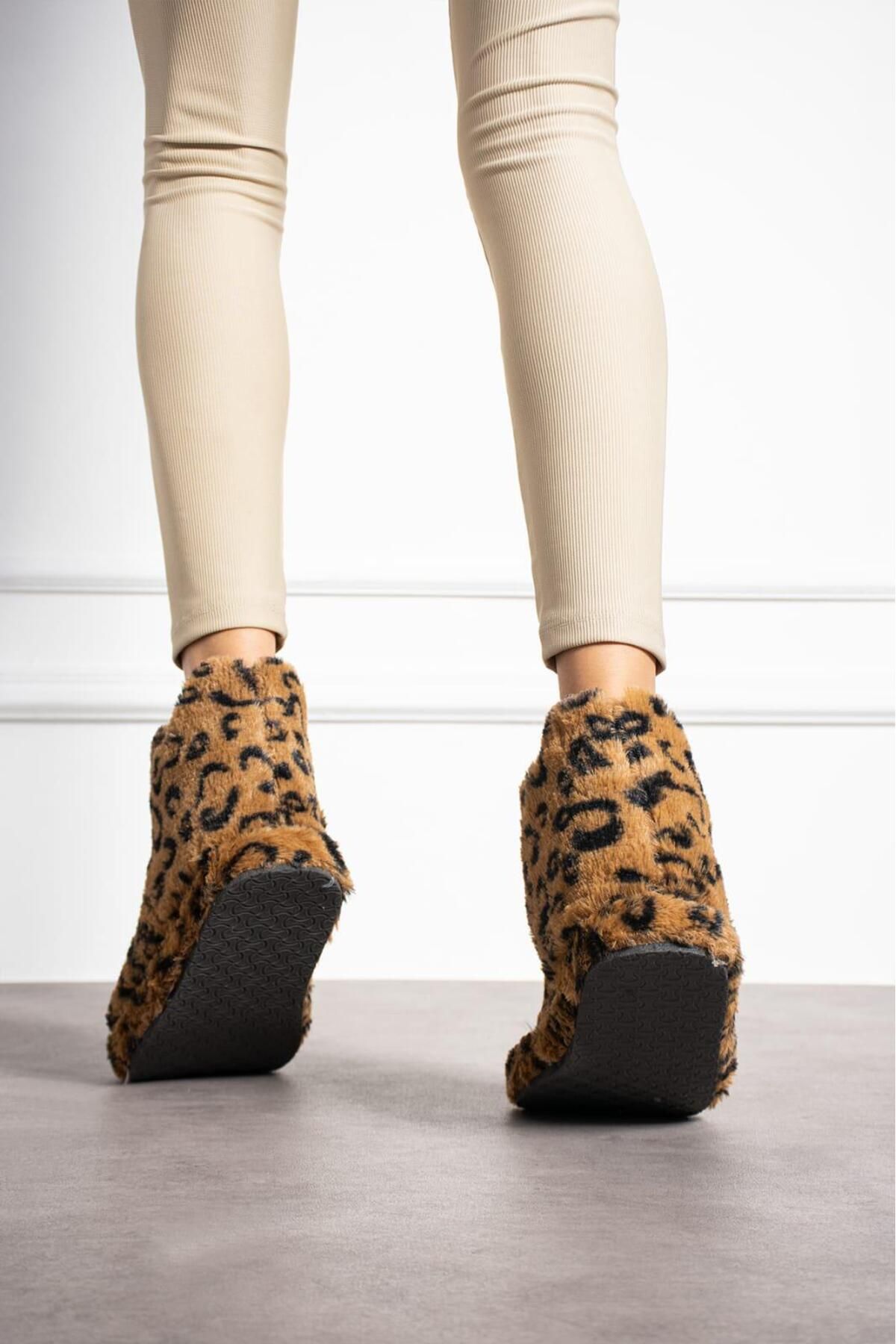 Behtah Kundura-Leopard Patterned Women's Shoes - Wool, Thick Light Sole Home Boots 2