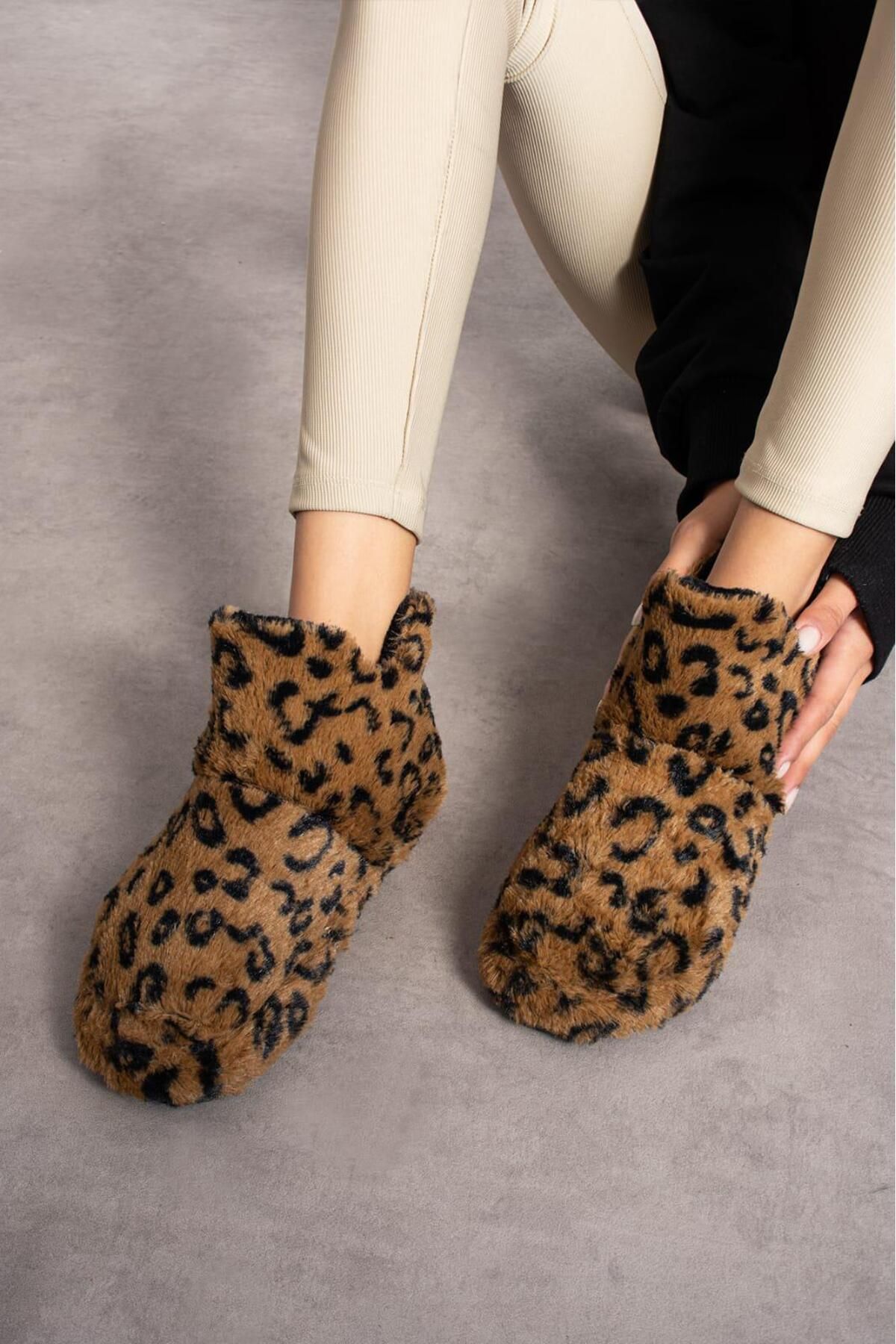 Behtah Kundura-Leopard Patterned Women's Shoes - Wool, Thick Light Sole Home Boots 3