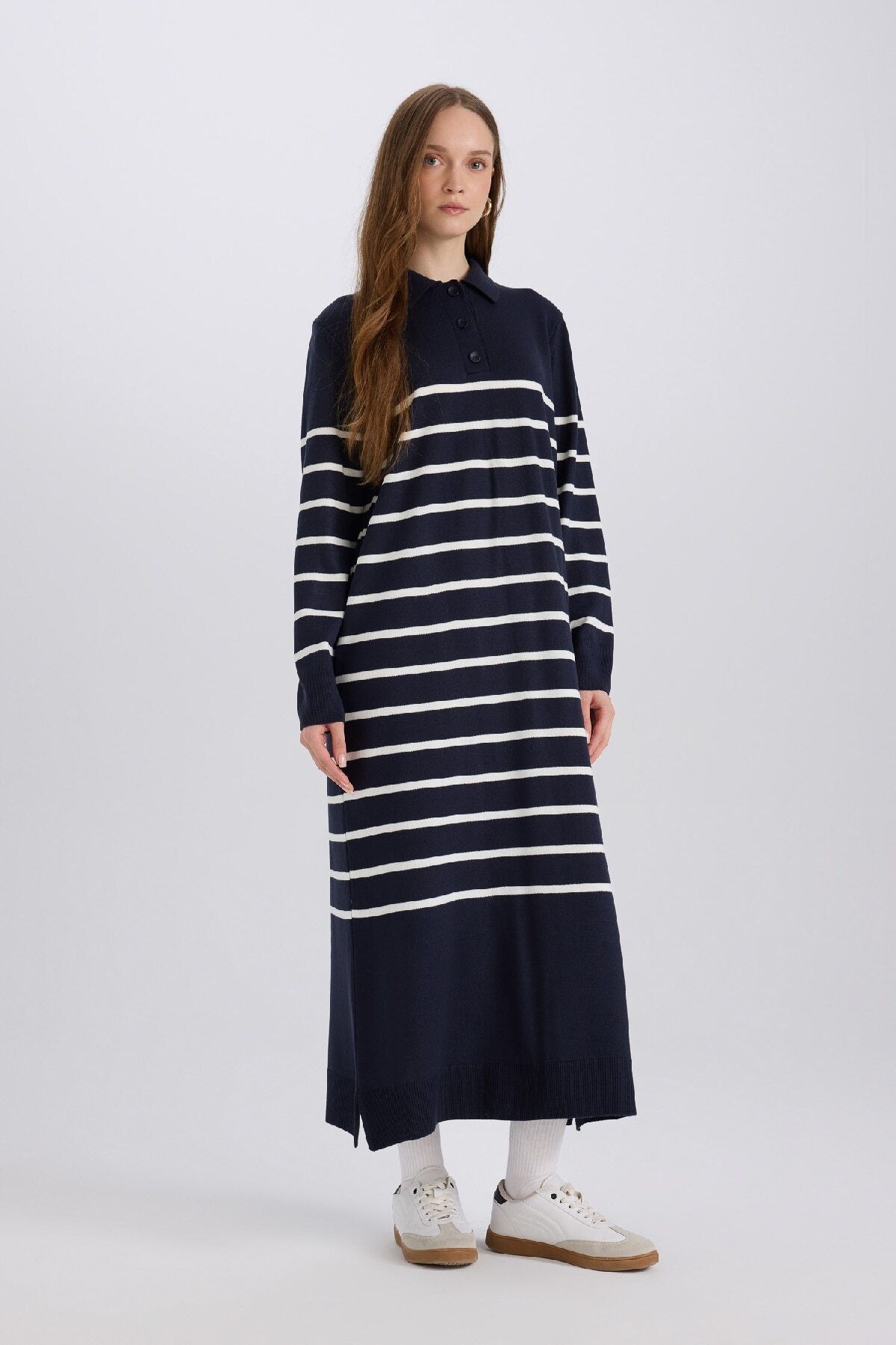 DeFacto-Regular Fit Polo Collar Striped Maxi Knitwear Dress A9801Ax24Wn 2