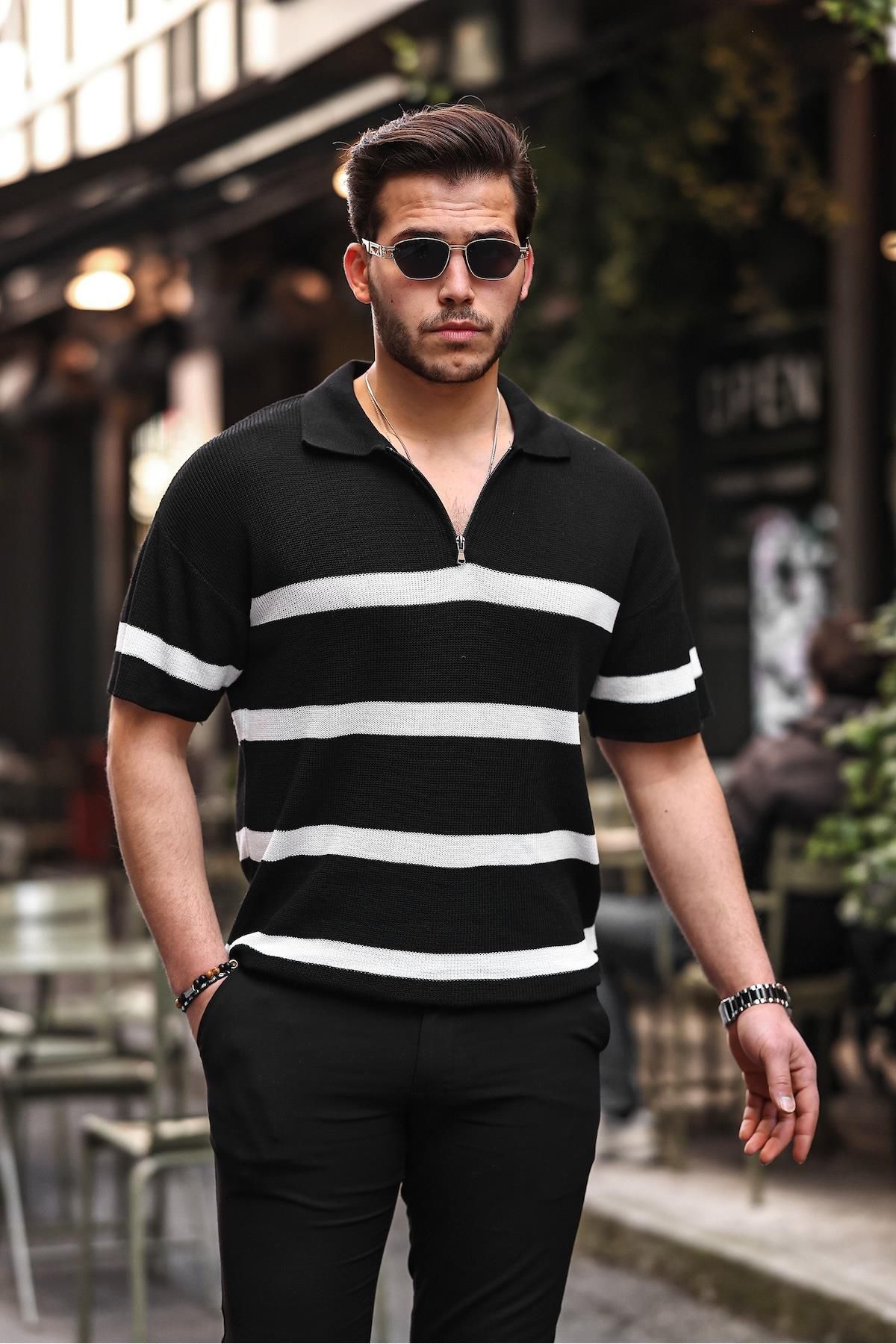 Valiberta-Half Zipper Striped Oversize Knitwear T-shirt - Black 2